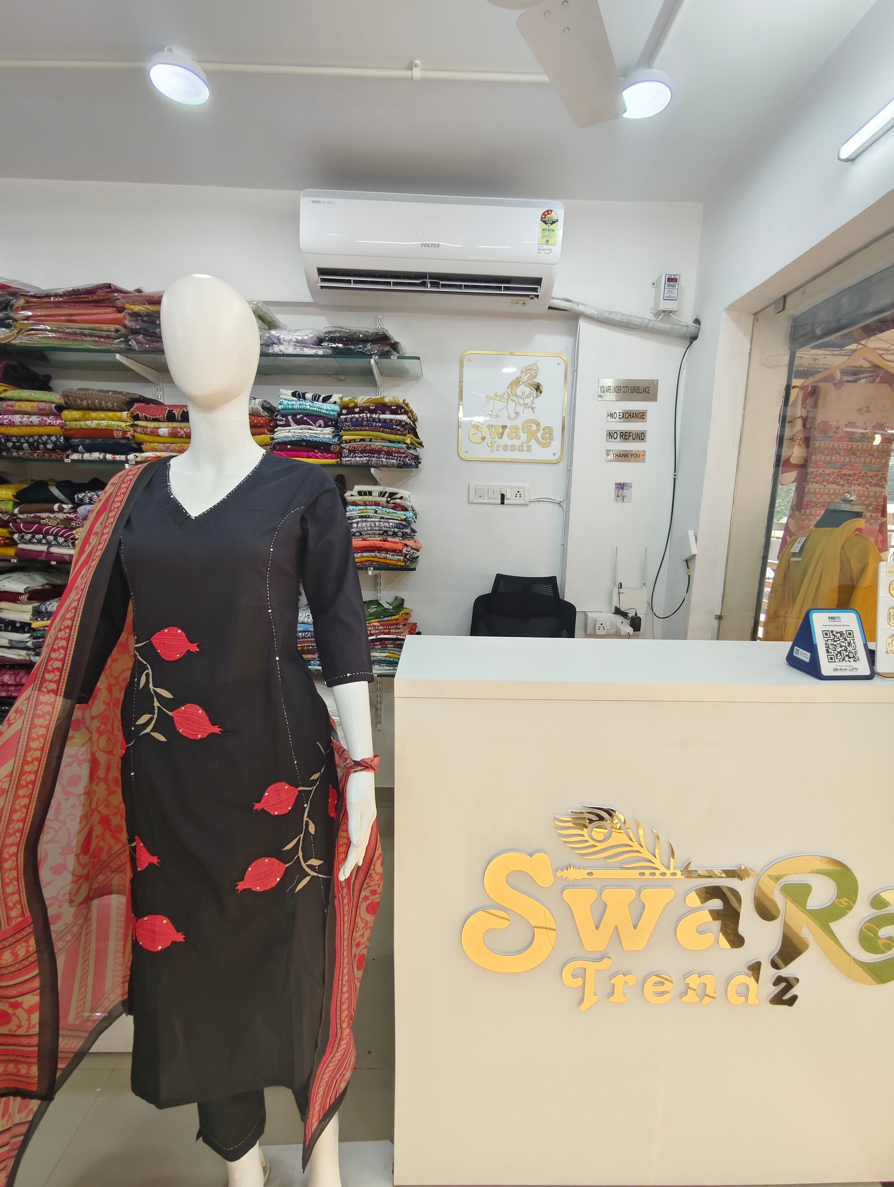 Black Embroidered and Applique Work Kurti Set with Contrast Dupatta & Pants