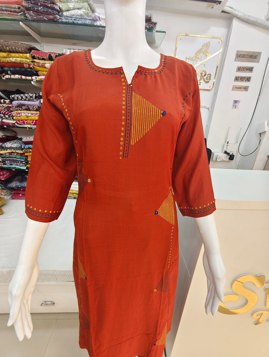 Rust Orange Dabbu Handblocked A-line Kurti with Palazzo