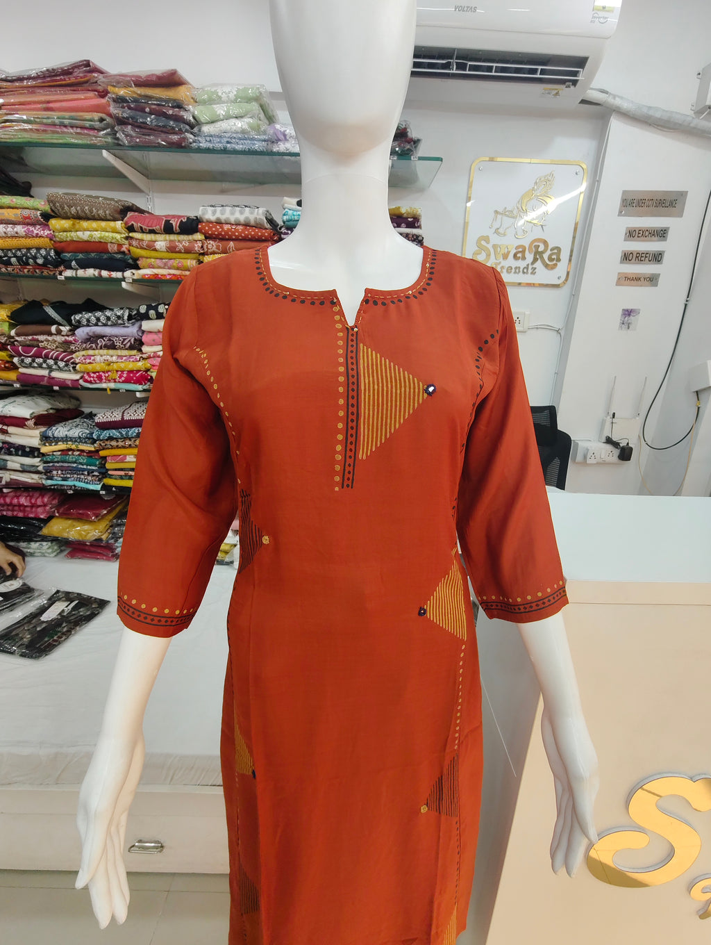 Rust Orange Dabbu Handblocked A-line Kurti with Palazzo