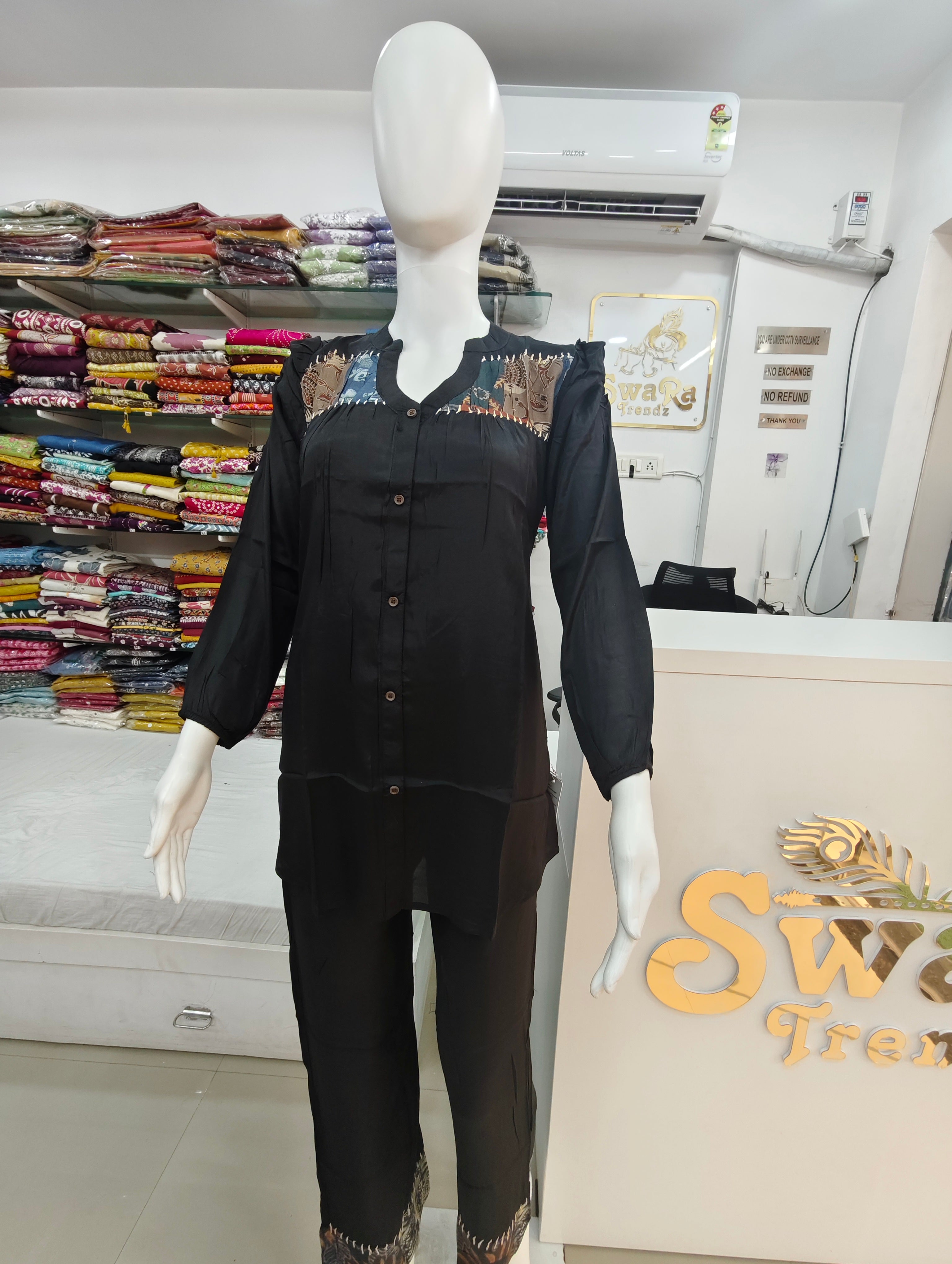 Pure Silk Black Printed Applique Shirt Co-Ord Set