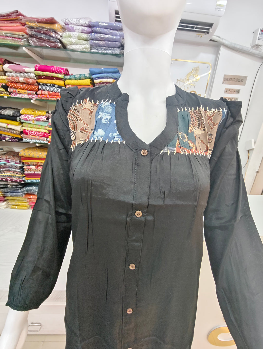 Pure Silk Black Printed Applique Shirt Co-Ord Set
