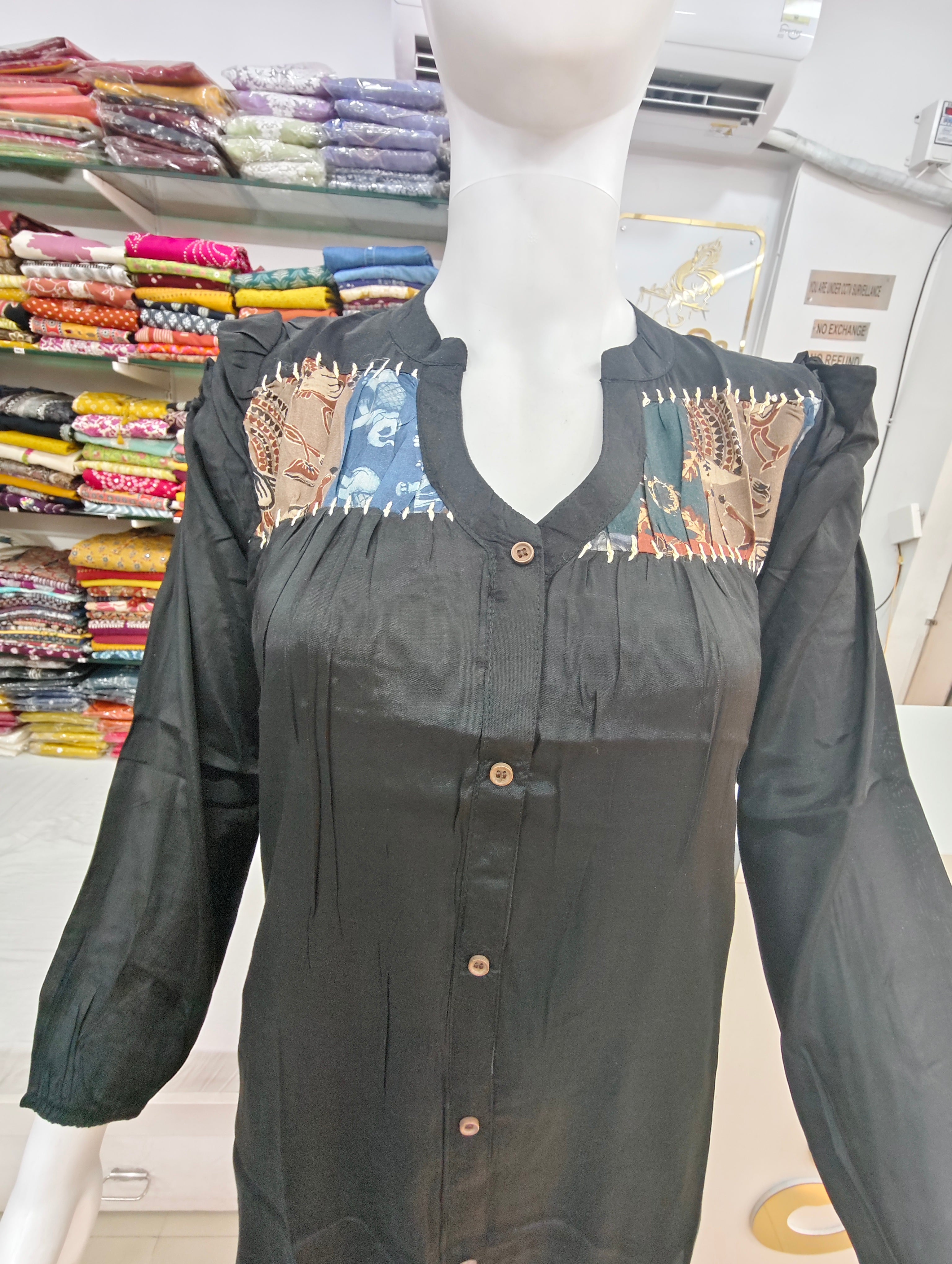 Pure Silk Black Printed Applique Shirt Co-Ord Set