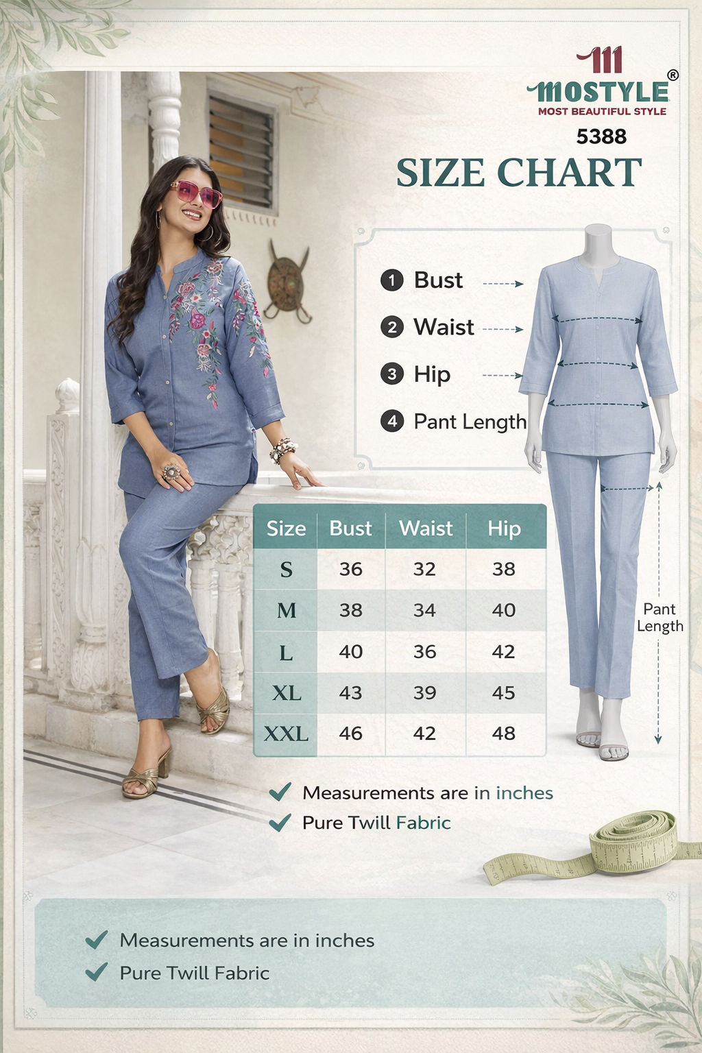 Elegant Blue Embroidered Pure Twill Kurti Set for Women