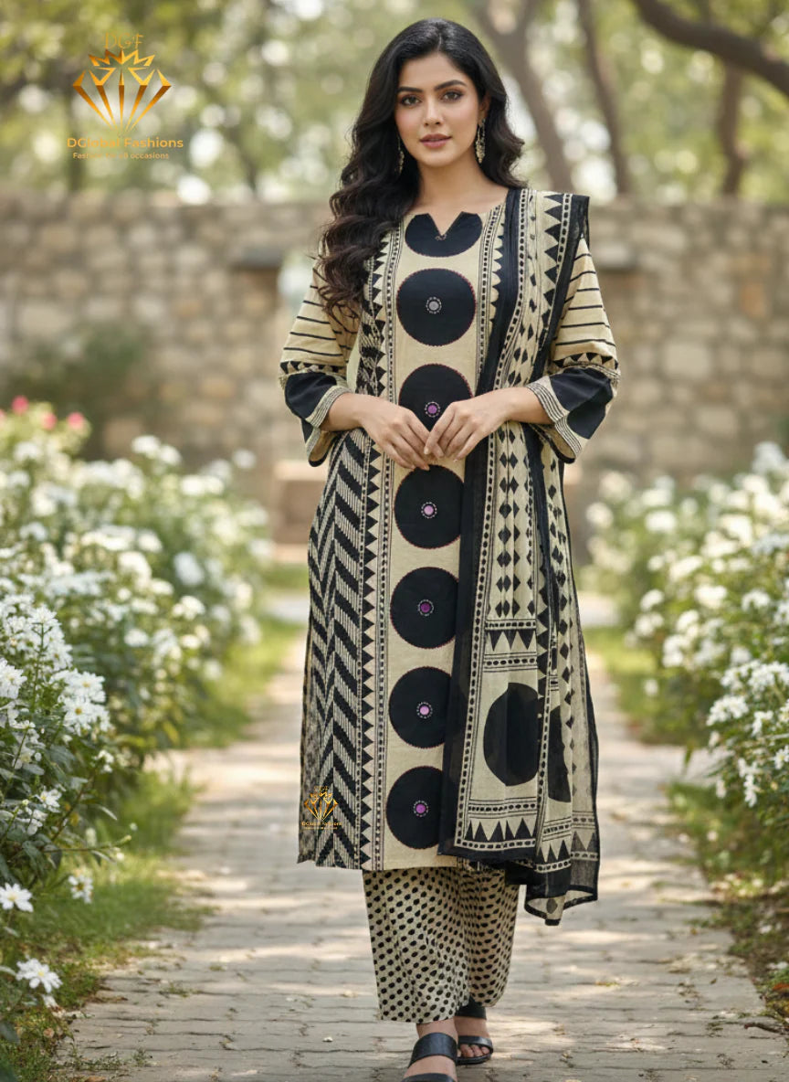 Beige & Black Ethnic Print Cotton Kurta Set with Dupatta