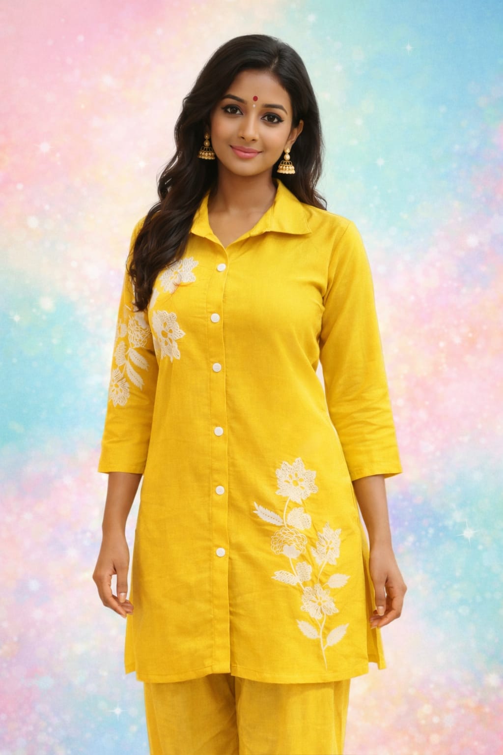 Mustard Yellow Floral Embroidered Kurti Pant Co-Ord Set