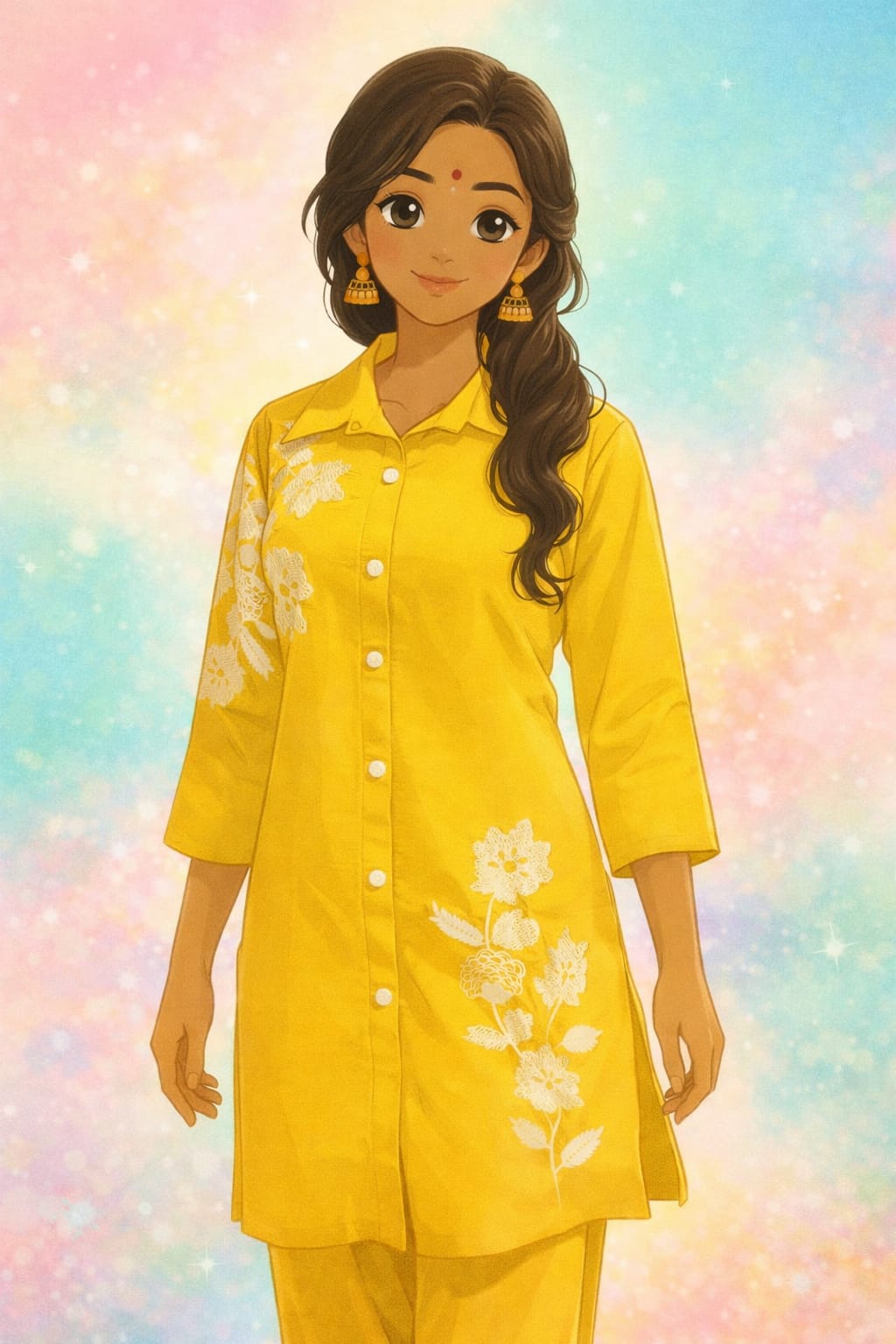Mustard Yellow Floral Embroidered Kurti Pant Co-Ord Set