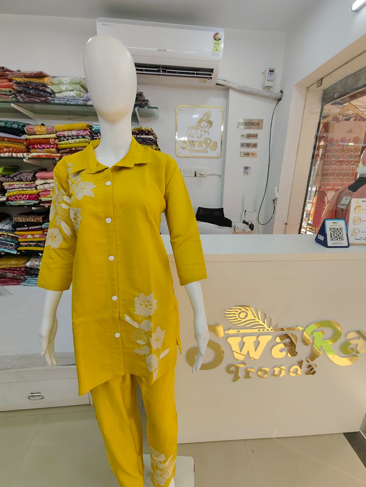 Mustard Yellow Floral Embroidered Kurti Pant Co-Ord Set