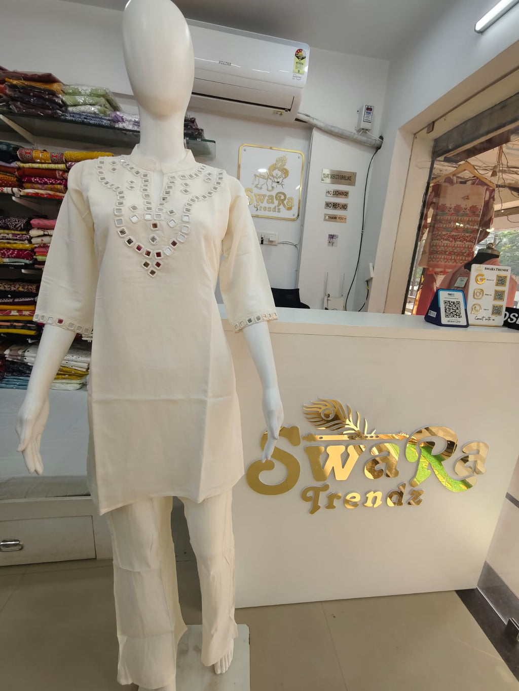 Ivory White Mirror Work Kurti Pant Set