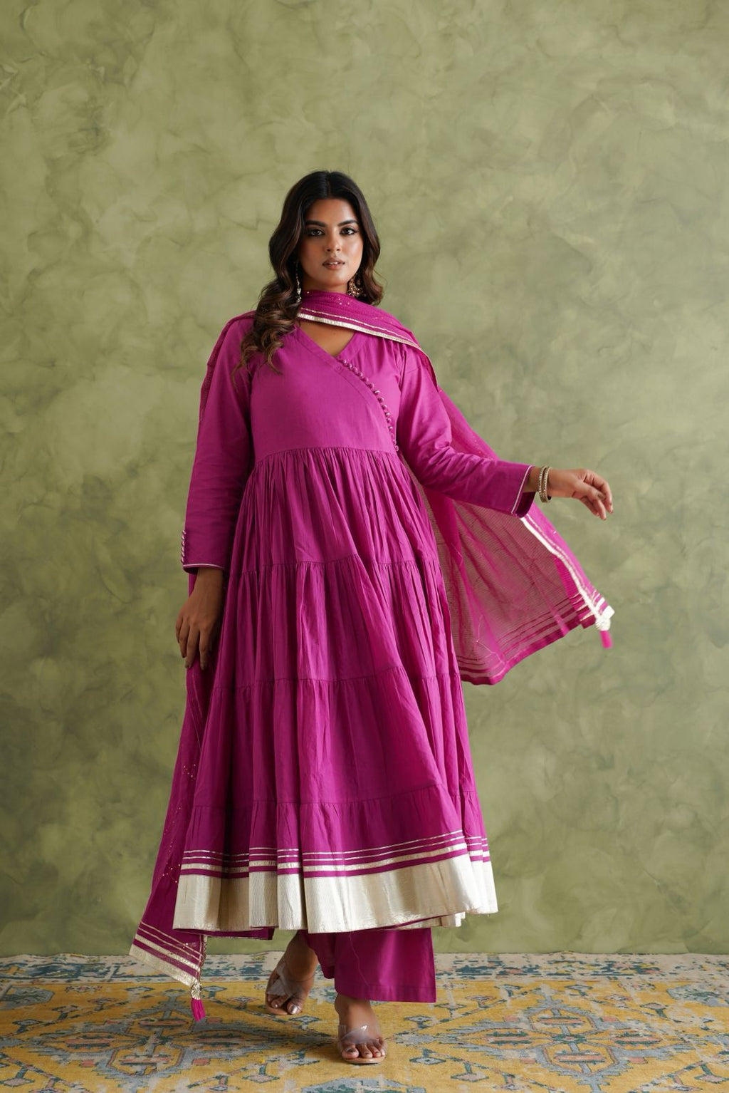 Magenta Flared Anarkali Kurti Set with Dupatta & Pants