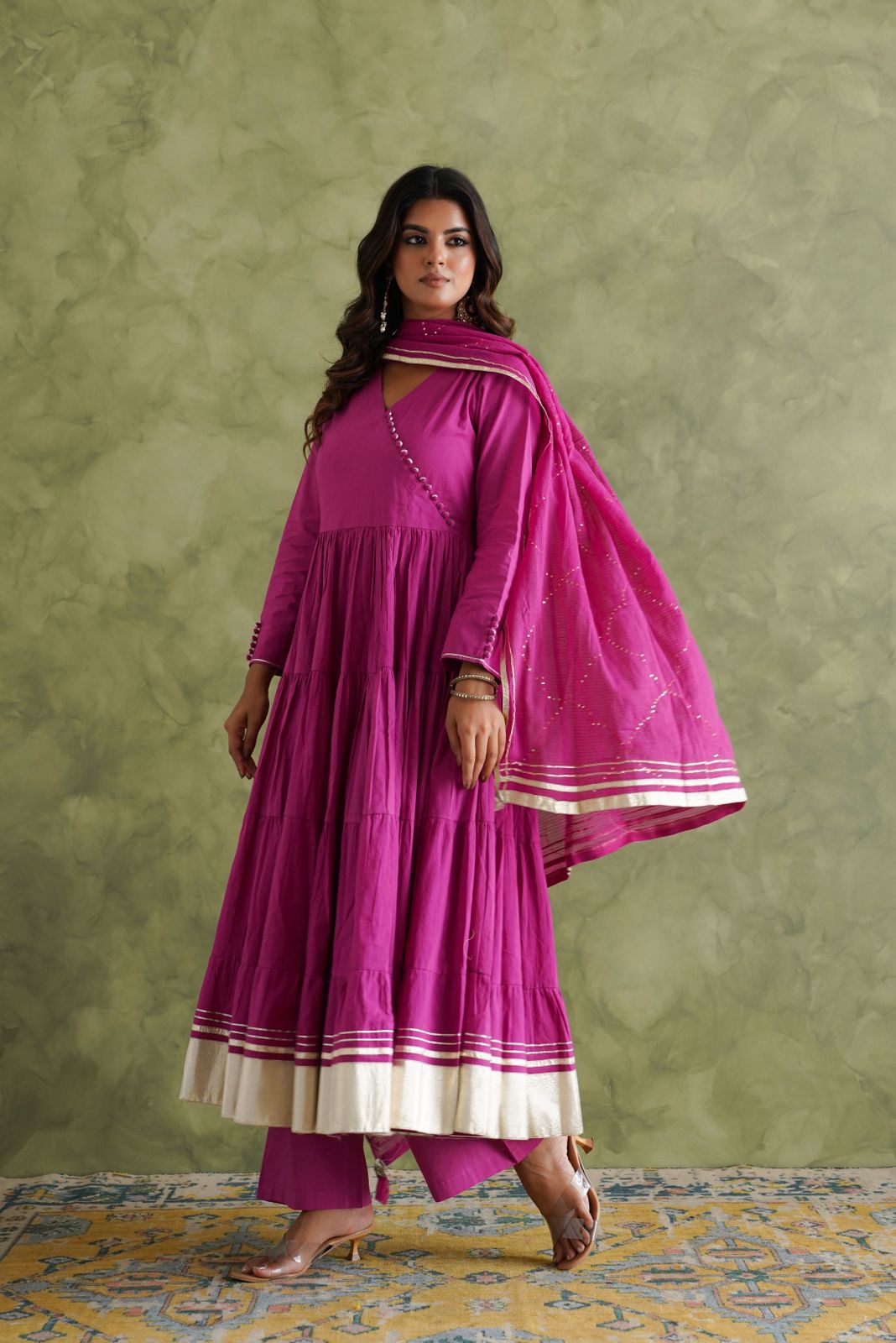 Magenta Flared Anarkali Kurti Set with Dupatta & Pants