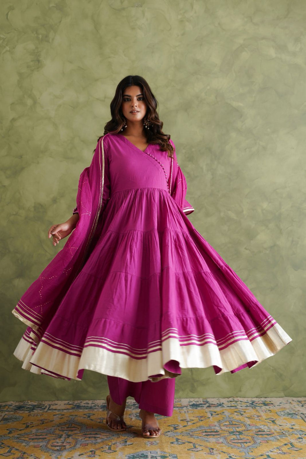 Magenta Flared Anarkali Kurti Set with Dupatta & Pants