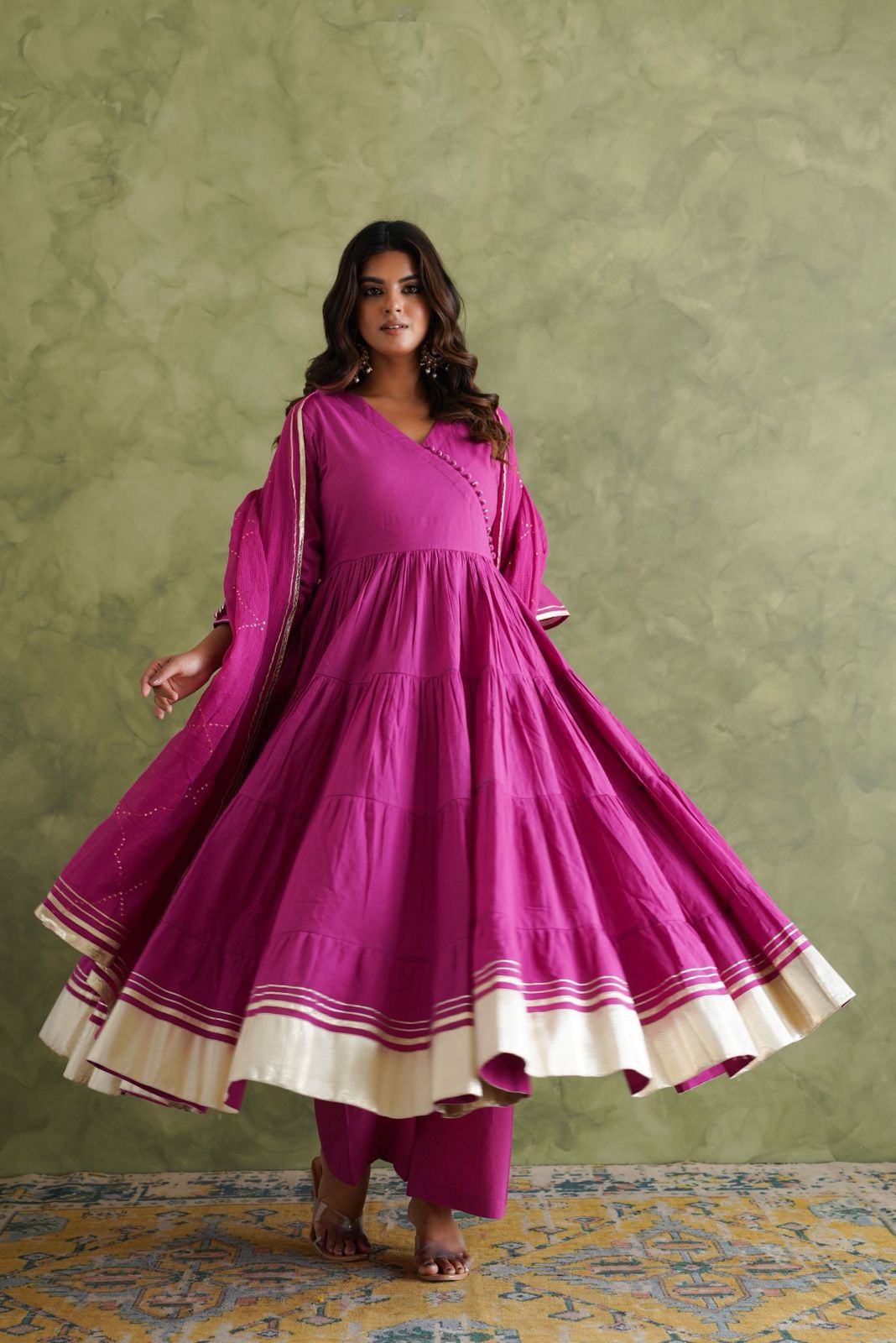 Magenta Flared Anarkali Kurti Set with Dupatta & Pants