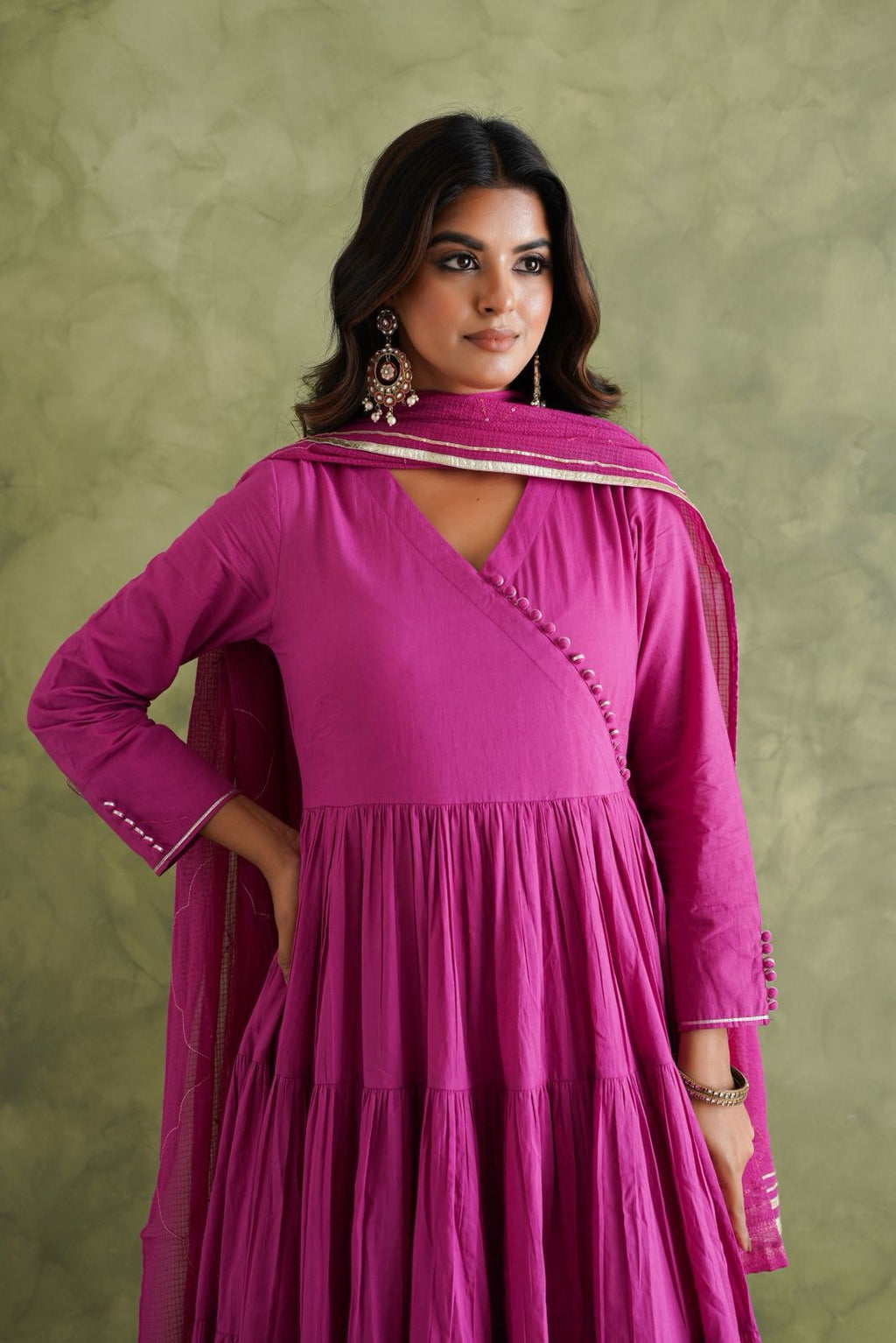 Magenta Flared Anarkali Kurti Set with Dupatta & Pants