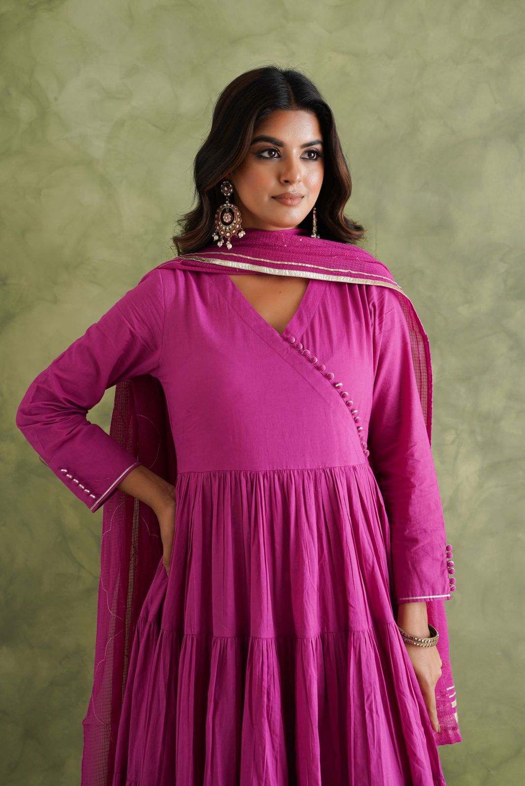 Magenta Flared Anarkali Kurti Set with Dupatta & Pants