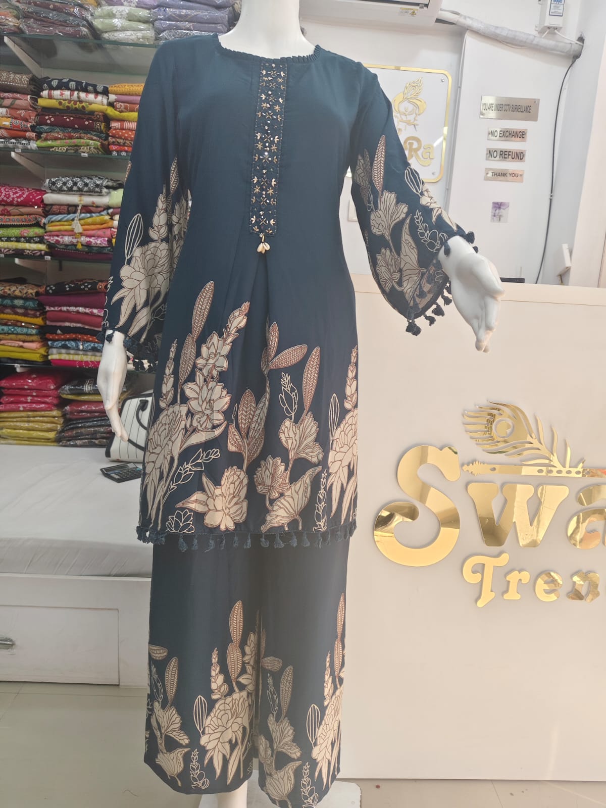 Dark Teal Embroidered Kurti Palazzo Co-Ord Set for Women