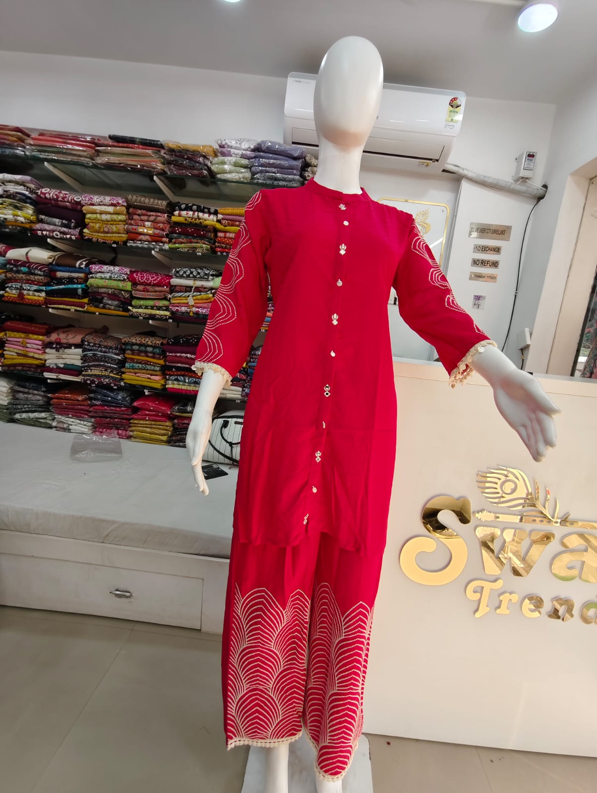 Cherry Red Gajji Silk Kurti Palazzo Set with Sleeve and pant Embroidery