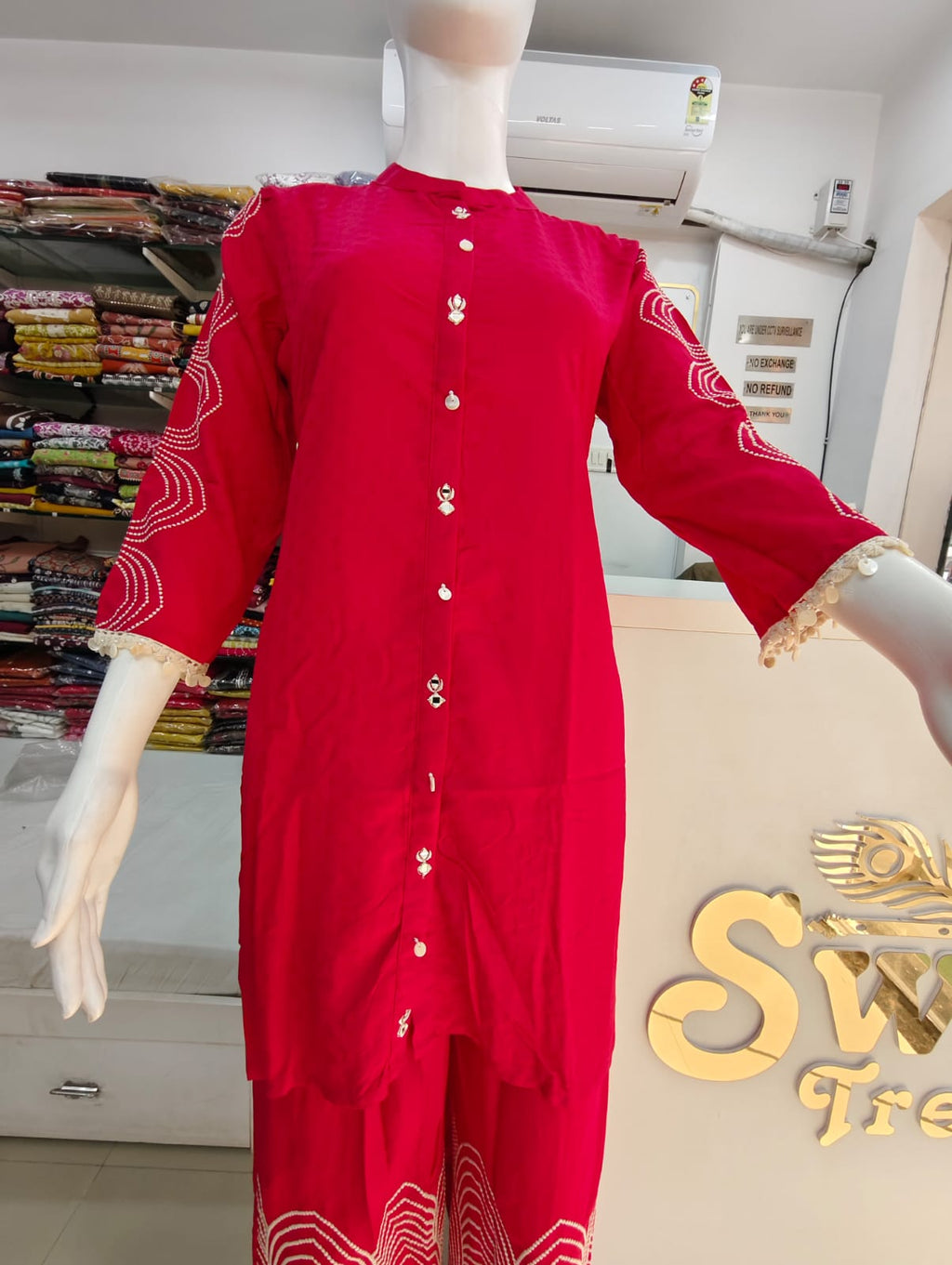 Cherry Red Gajji Silk Kurti Palazzo Set with Sleeve and pant Embroidery