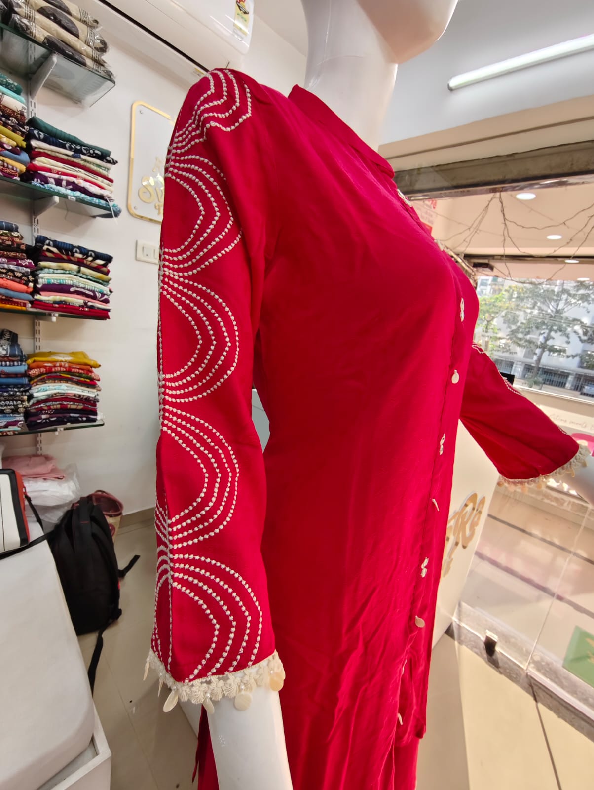 Cherry Red Gajji Silk Kurti Palazzo Set with Sleeve and pant Embroidery
