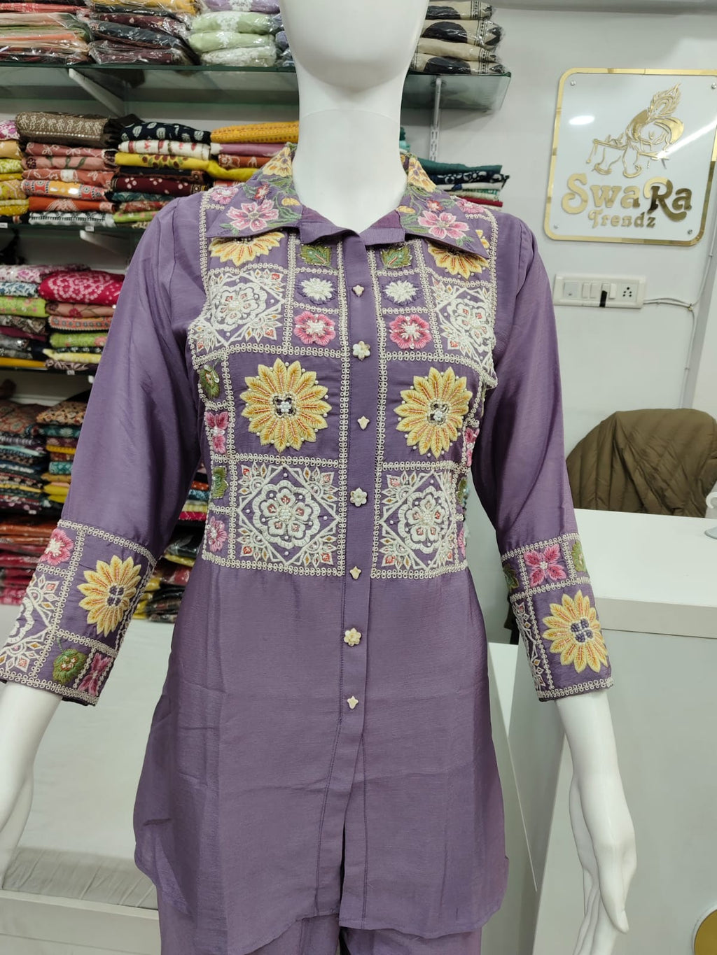 Lavender Purple Embroidered and handwork Kurti Pant Co-Ord Set for Women