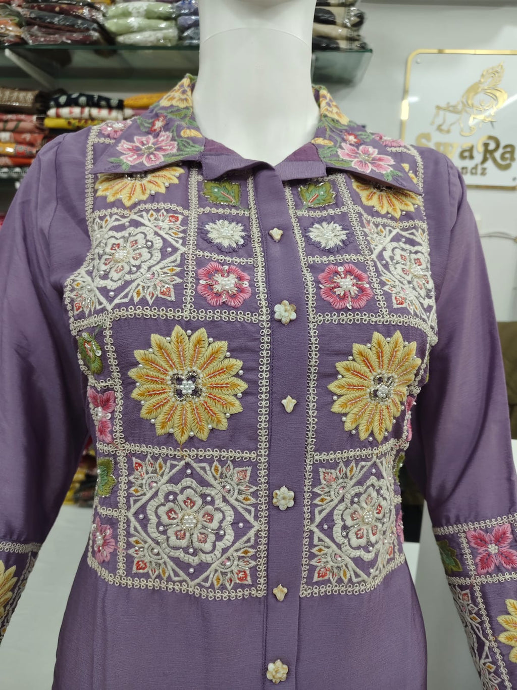 Lavender Purple Embroidered and handwork Kurti Pant Co-Ord Set for Women