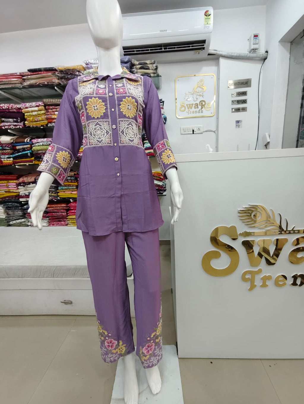 Lavender Purple Embroidered and handwork Kurti Pant Co-Ord Set for Women