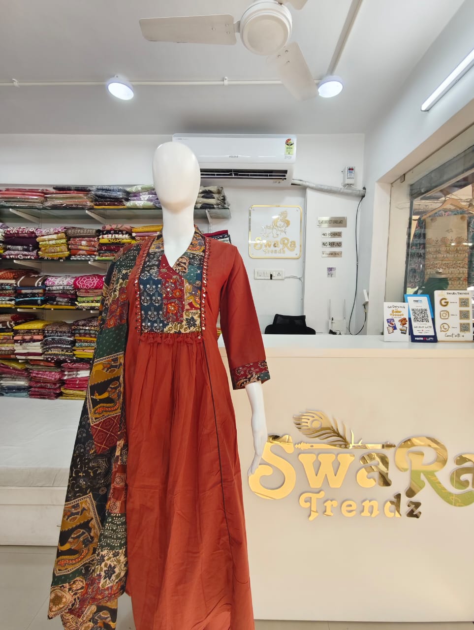Women’s Cotton A-line Kurta Pant Set with Patchwork Yoke & Mul Cotton Dupatta