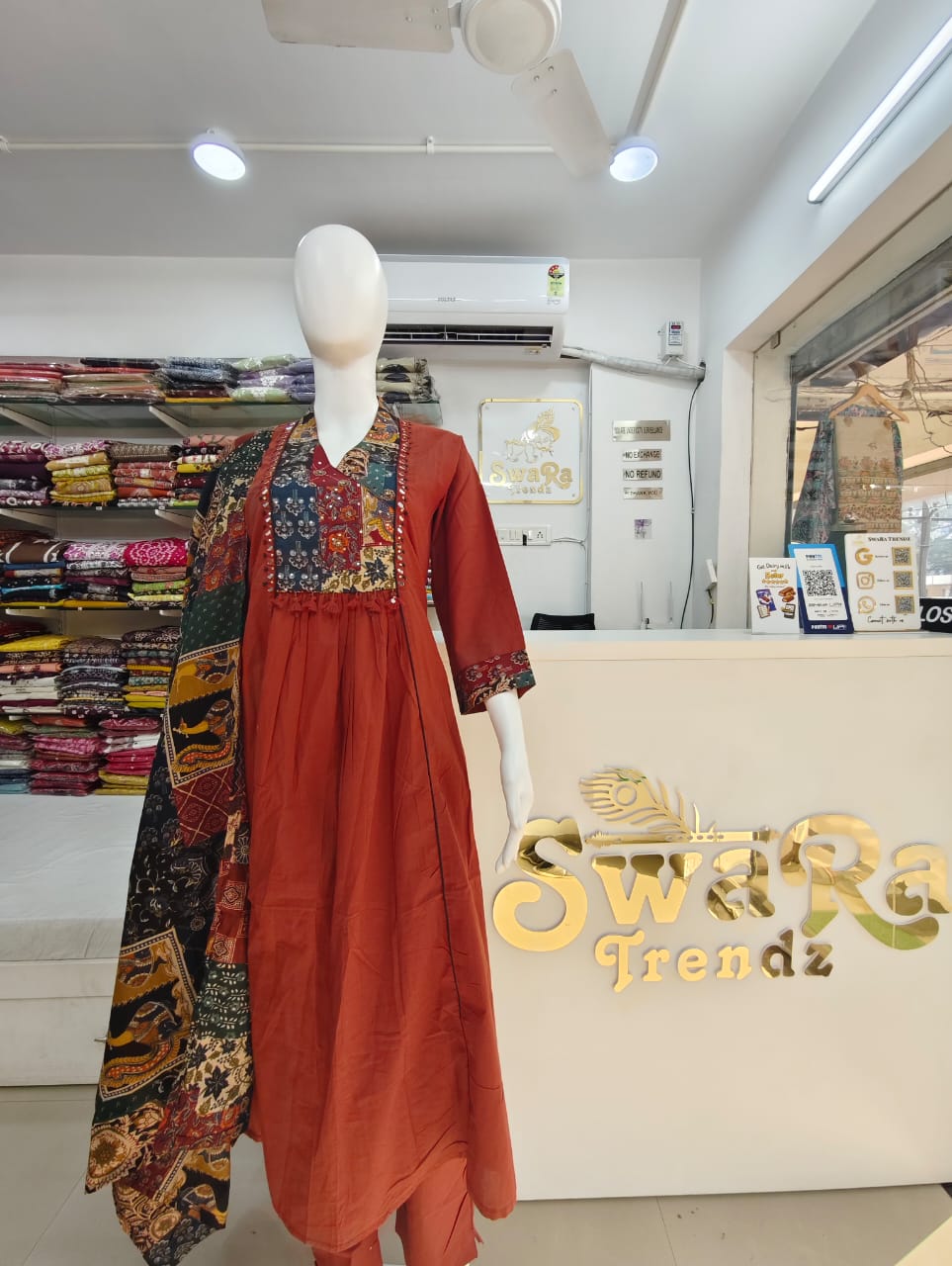 Women’s Cotton A-line Kurta Pant Set with Patchwork Yoke & Mul Cotton Dupatta