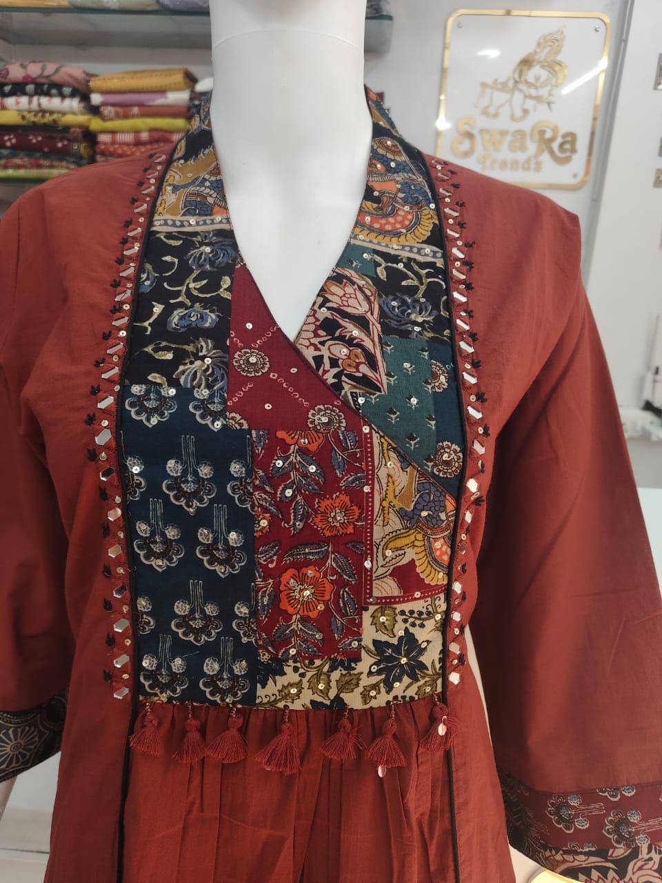 Women’s Cotton A-line Kurta Pant Set with Patchwork Yoke & Mul Cotton Dupatta