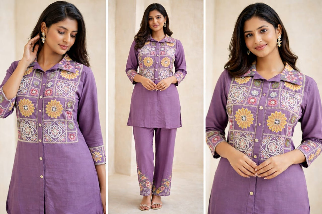 Lavender Purple Embroidered and handwork Kurti Pant Co-Ord Set for Women