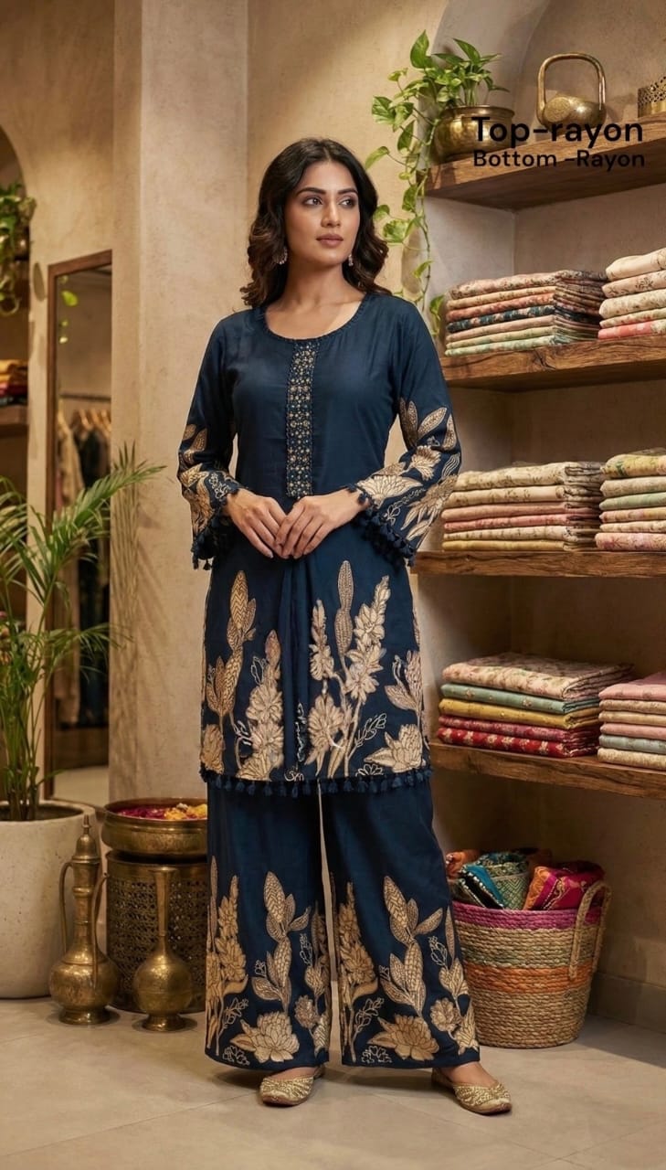 Dark Teal Embroidered Kurti Palazzo Co-Ord Set for Women