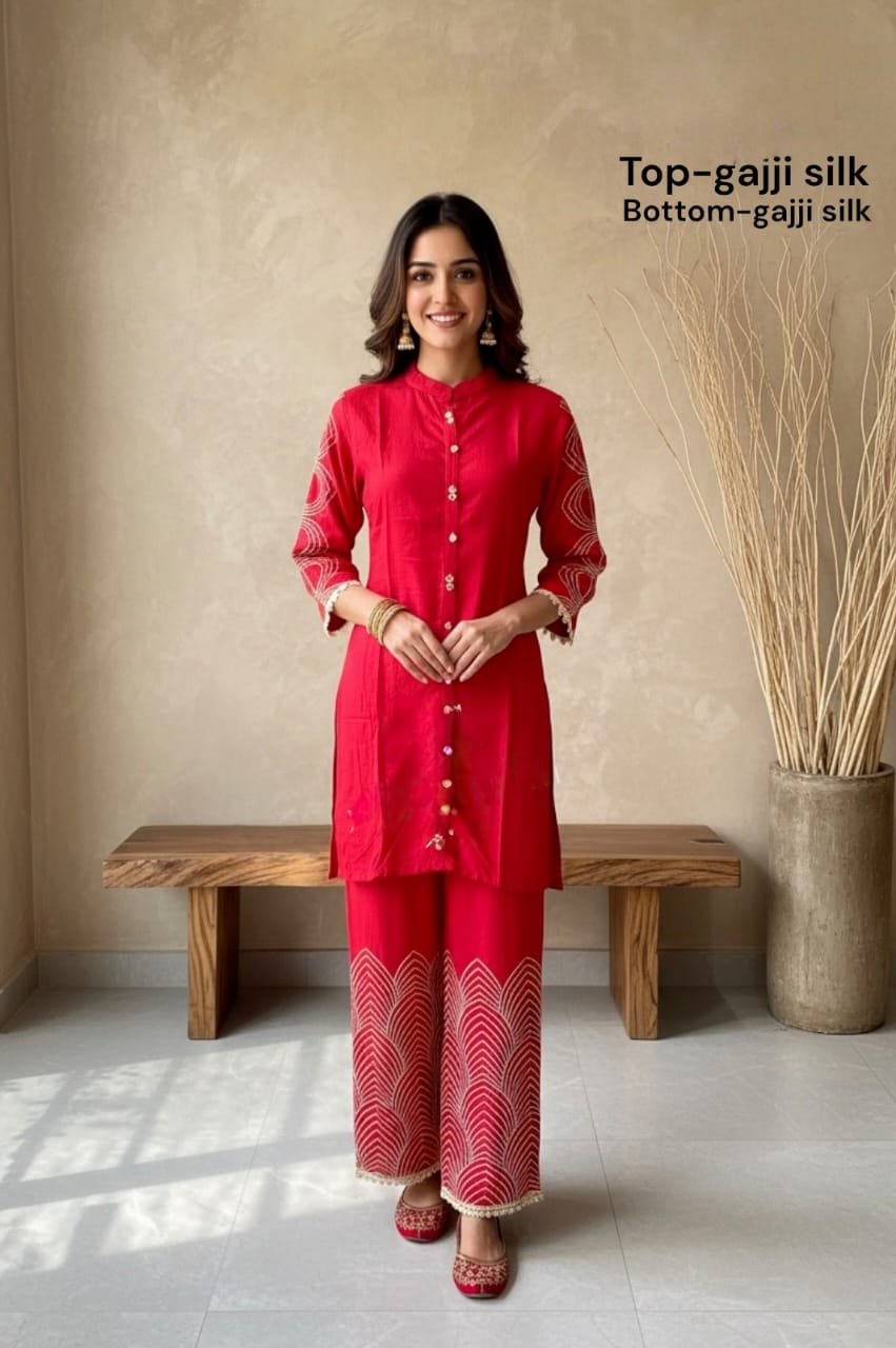 Cherry Red Gajji Silk Kurti Palazzo Set with Sleeve and pant Embroidery