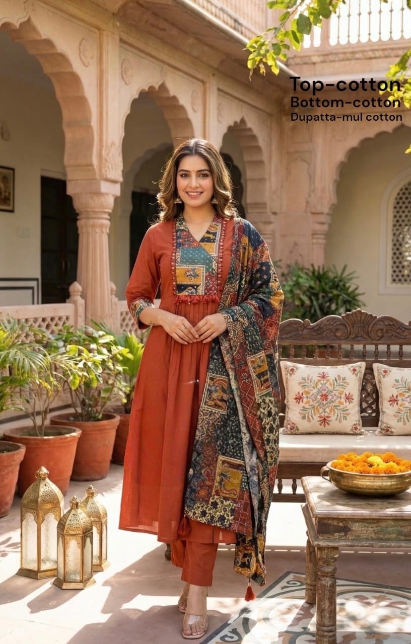 Women’s Cotton A-line Kurta Pant Set with Patchwork Yoke & Mul Cotton Dupatta