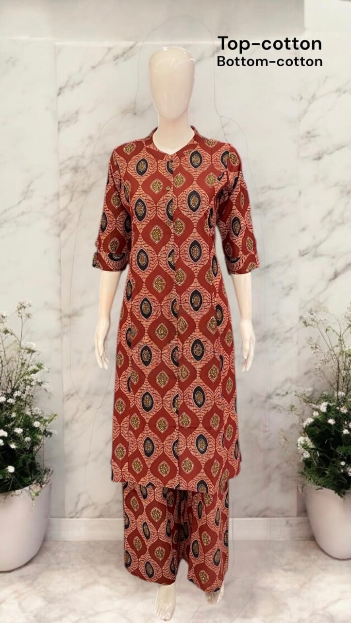 Rust Cotton Printed Kurta Set with Palazzo