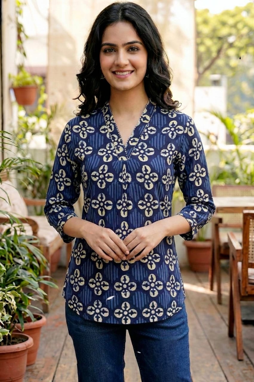 Women’s Indigo Blue Printed viscose cotton Short Top | V-Neck Straight Fit Tunic