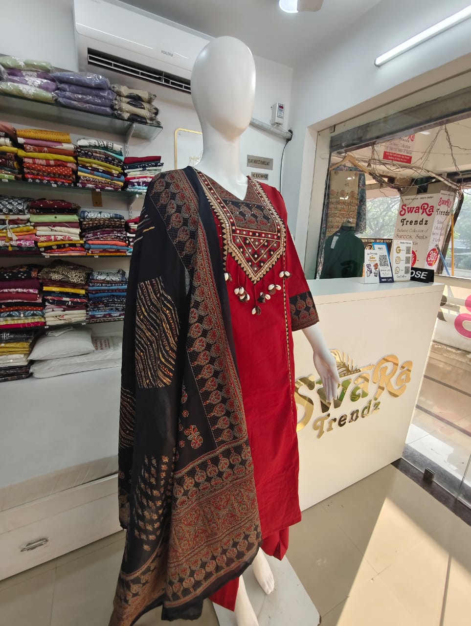 Crimson Red Cotton Silk Kurta Set with Hand-Embroidered Mirror Work & Cowrie Shell Tassels
