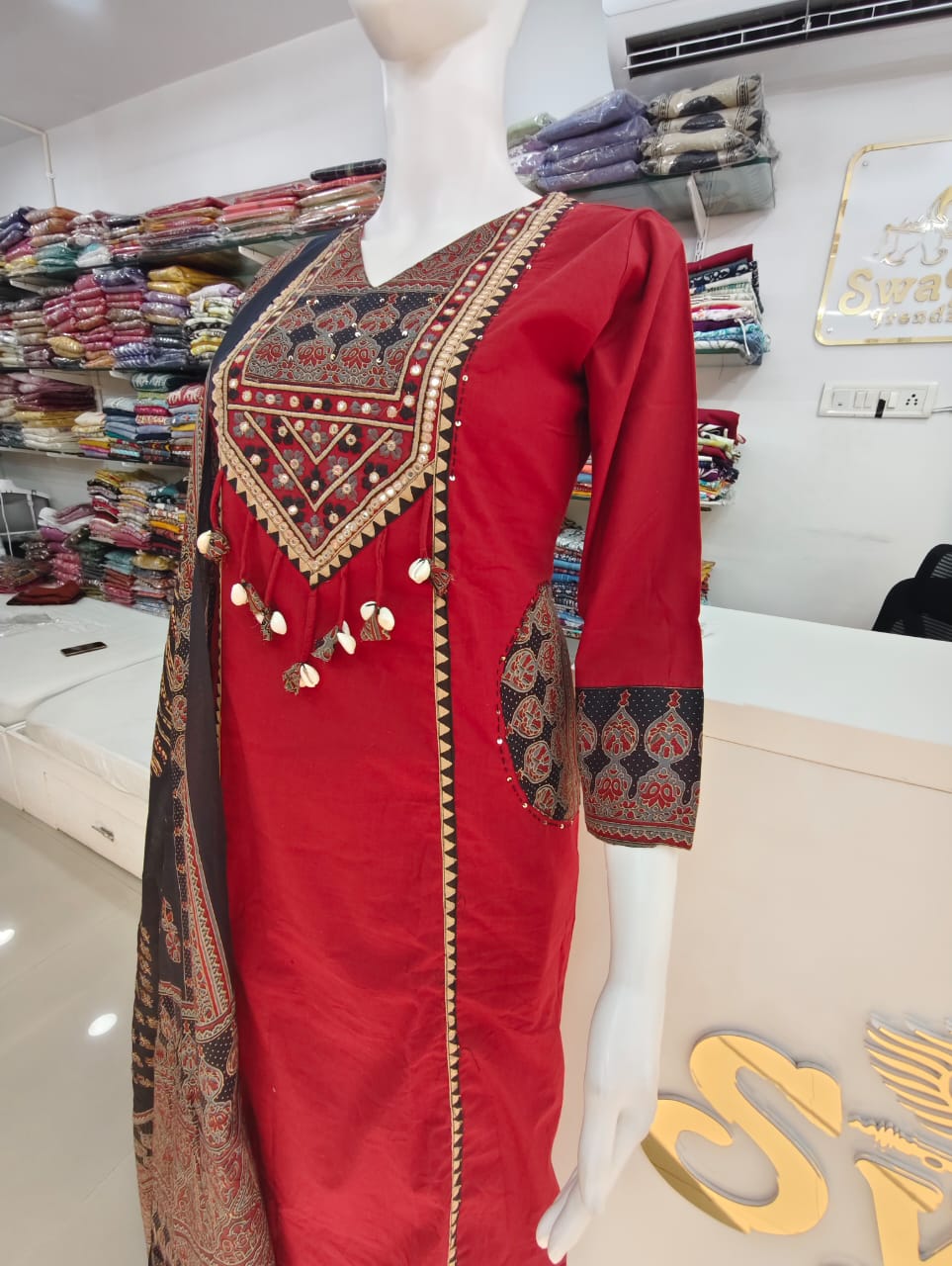Crimson Red Cotton Silk Kurta Set with Hand-Embroidered Mirror Work & Cowrie Shell Tassels