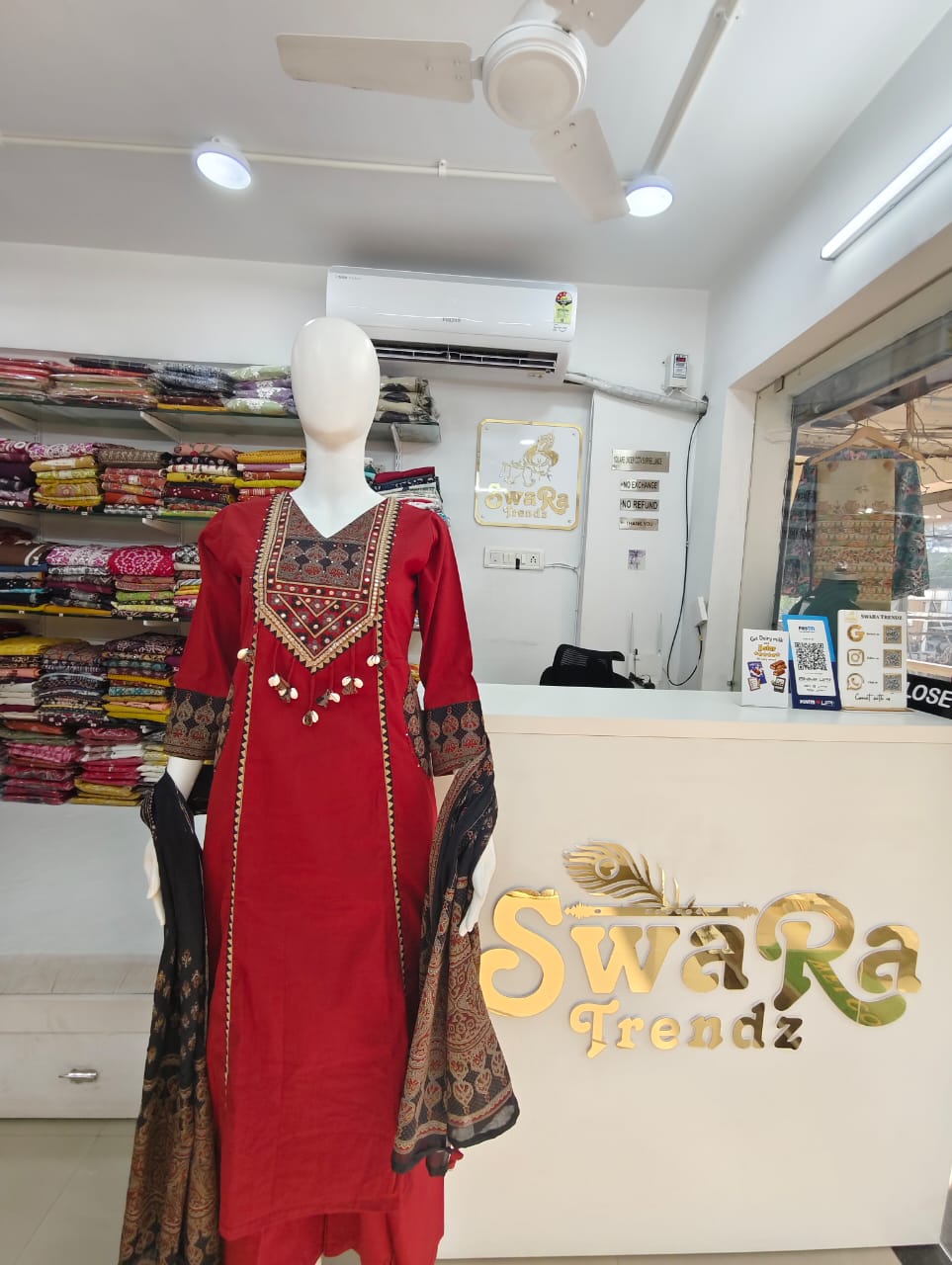 Crimson Red Cotton Silk Kurta Set with Hand-Embroidered Mirror Work & Cowrie Shell Tassels