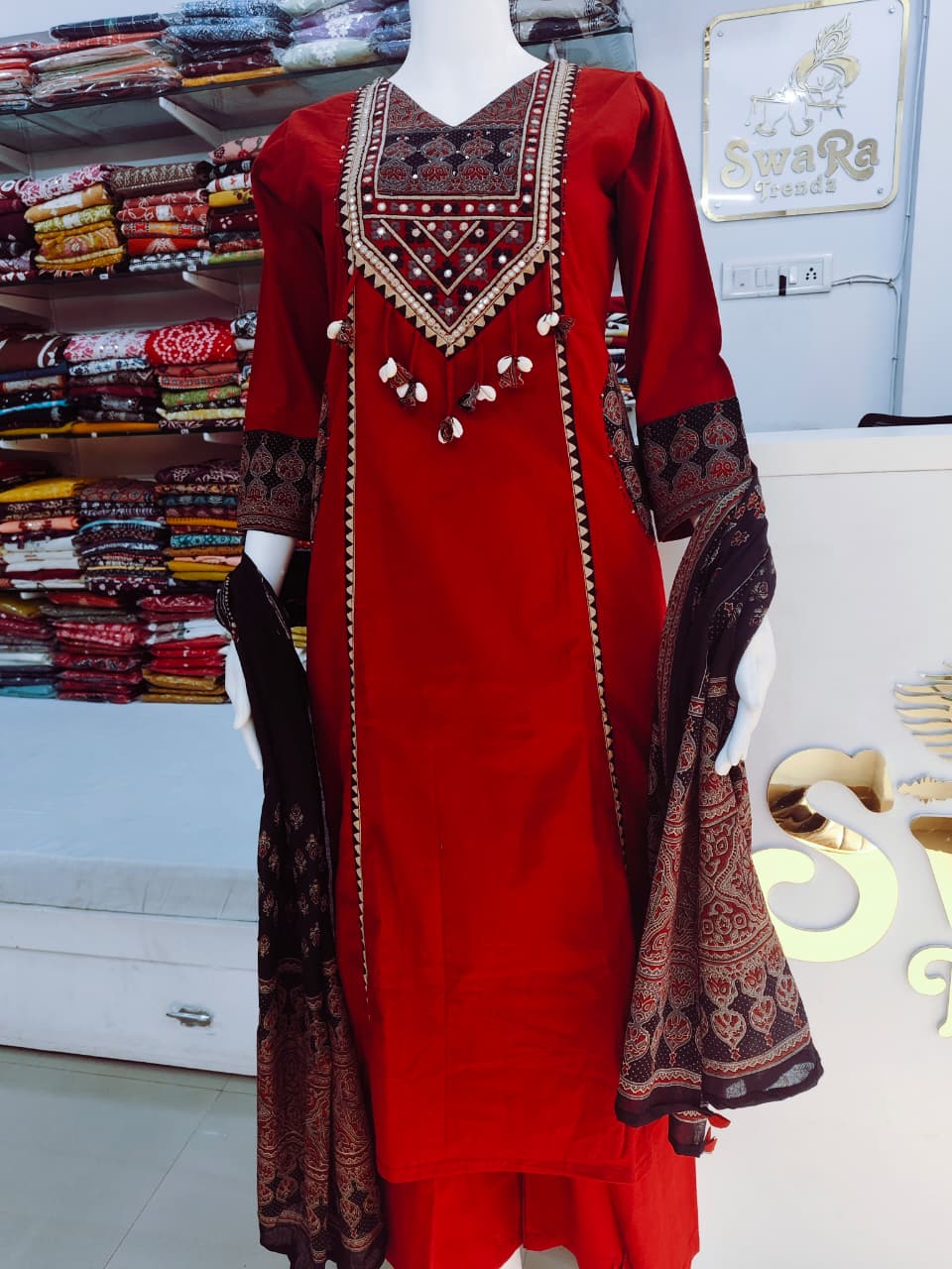 Crimson Red Cotton Silk Kurta Set with Hand-Embroidered Mirror Work & Cowrie Shell Tassels