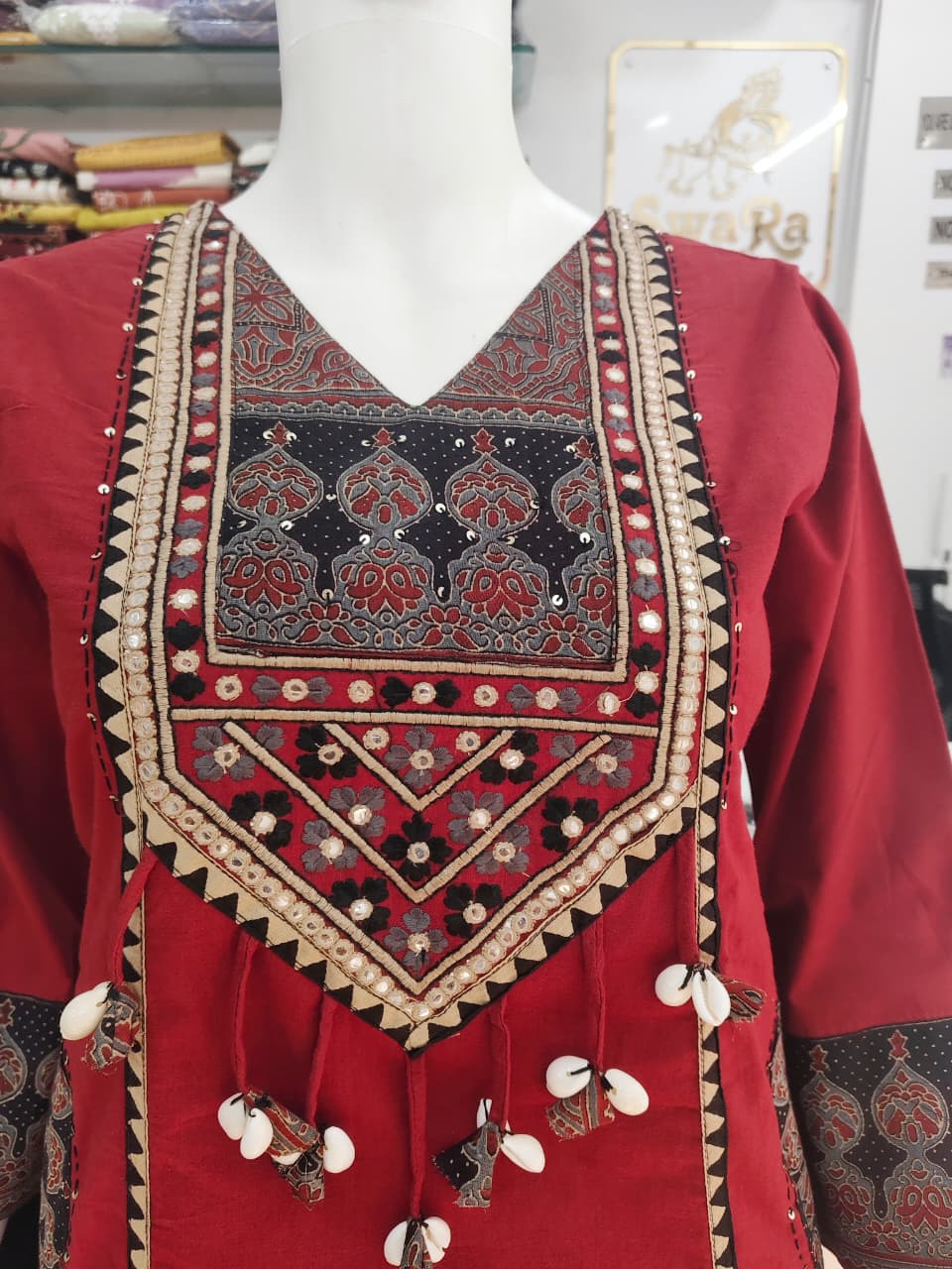 Crimson Red Cotton Silk Kurta Set with Hand-Embroidered Mirror Work & Cowrie Shell Tassels