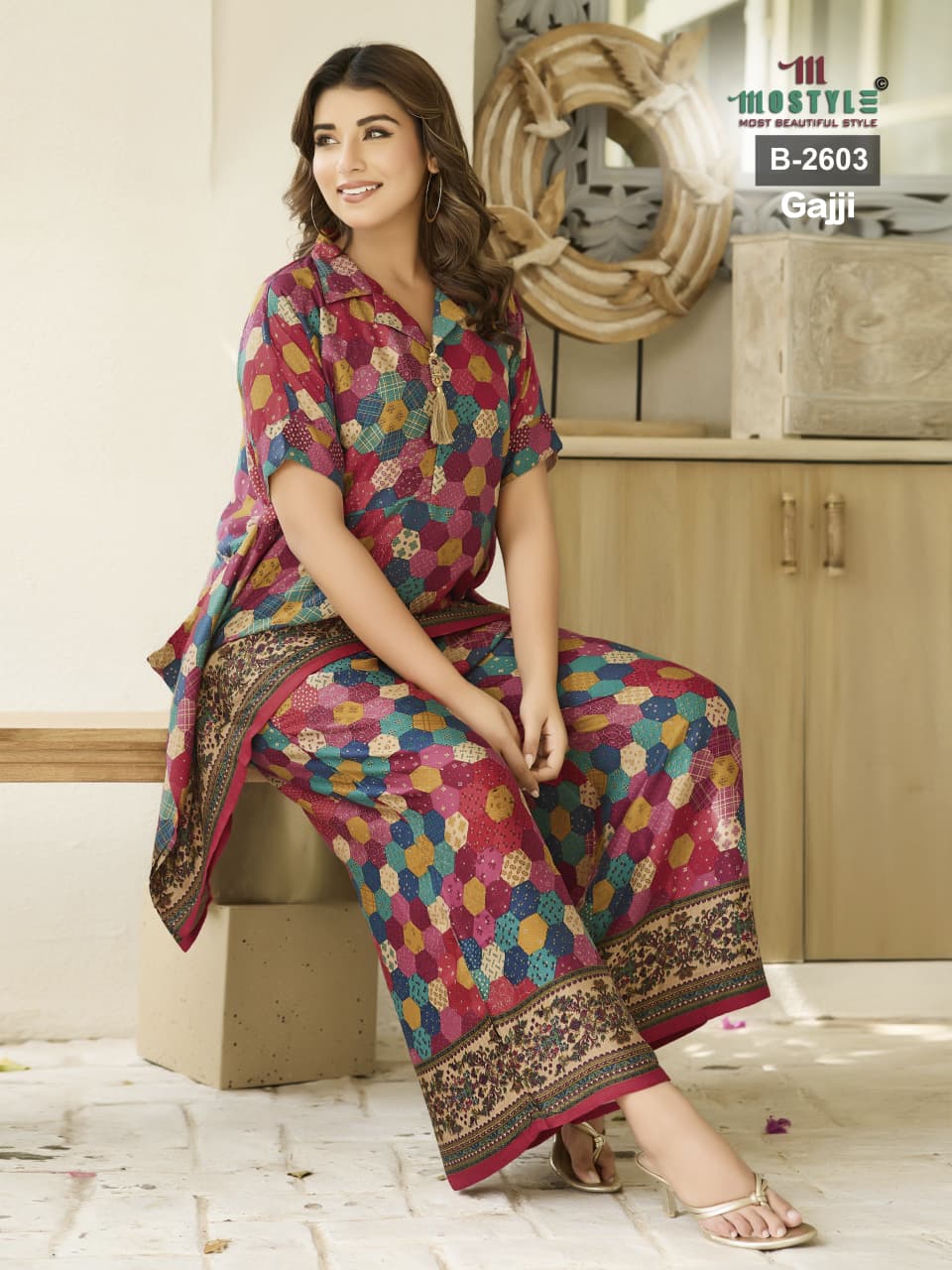 Multi-Color Geometric Print Gaji Silk Co-ord Set with Tassel Detail
