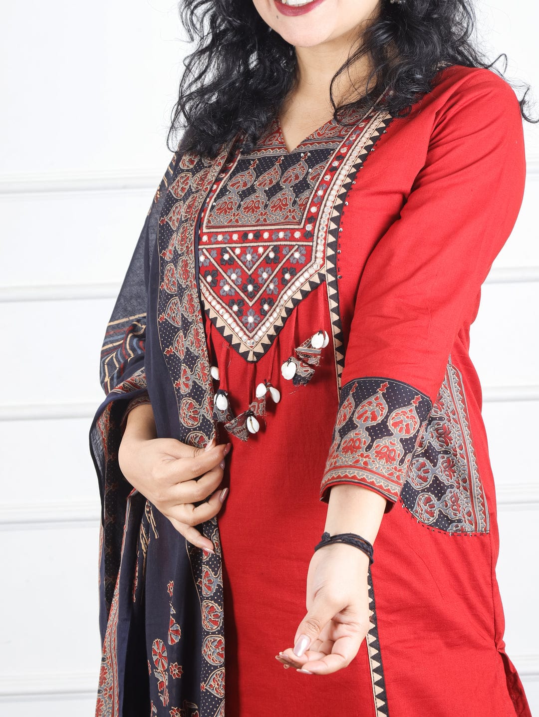 Crimson Red Cotton Silk Kurta Set with Hand-Embroidered Mirror Work & Cowrie Shell Tassels