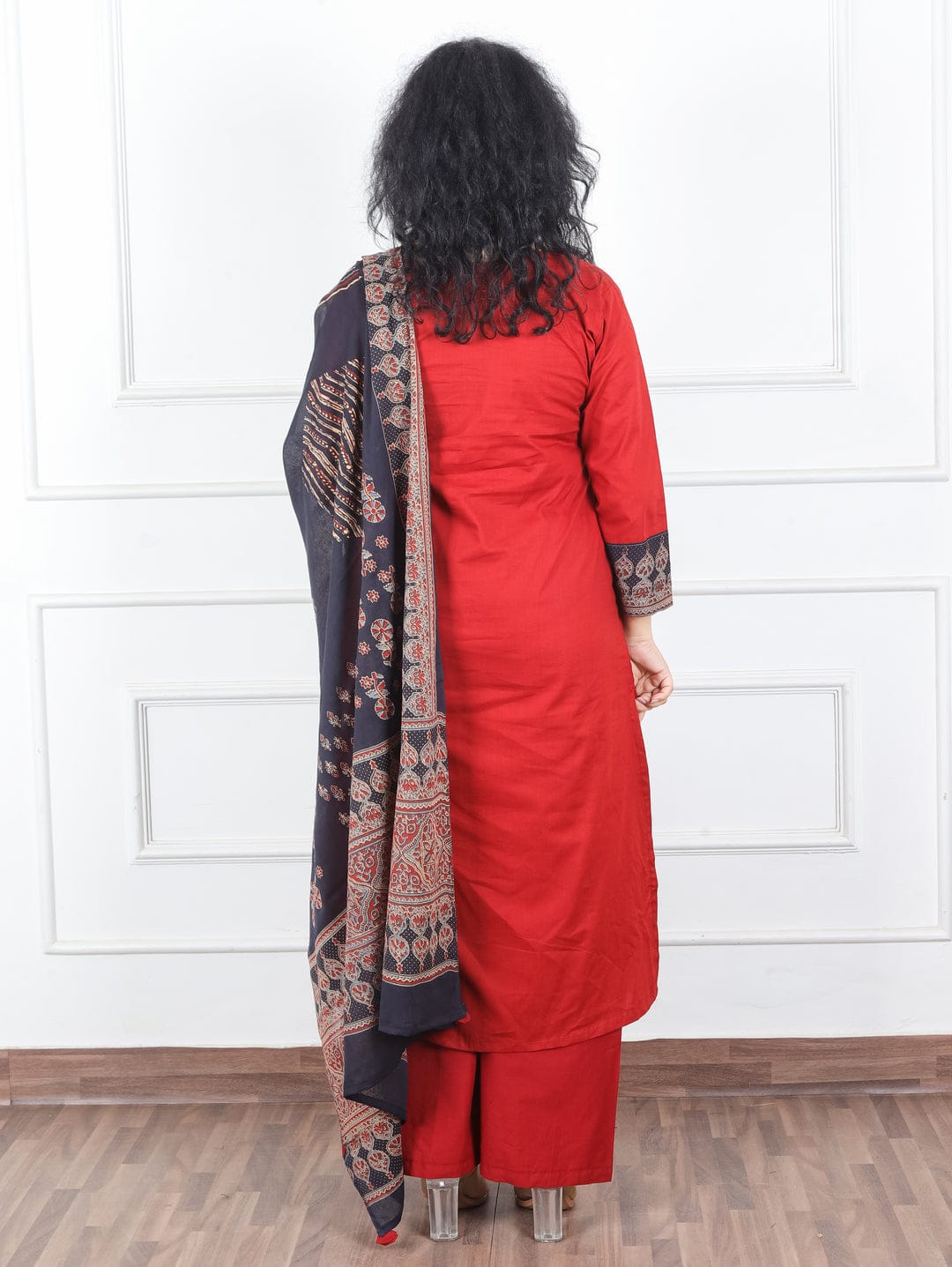 Crimson Red Cotton Silk Kurta Set with Hand-Embroidered Mirror Work & Cowrie Shell Tassels
