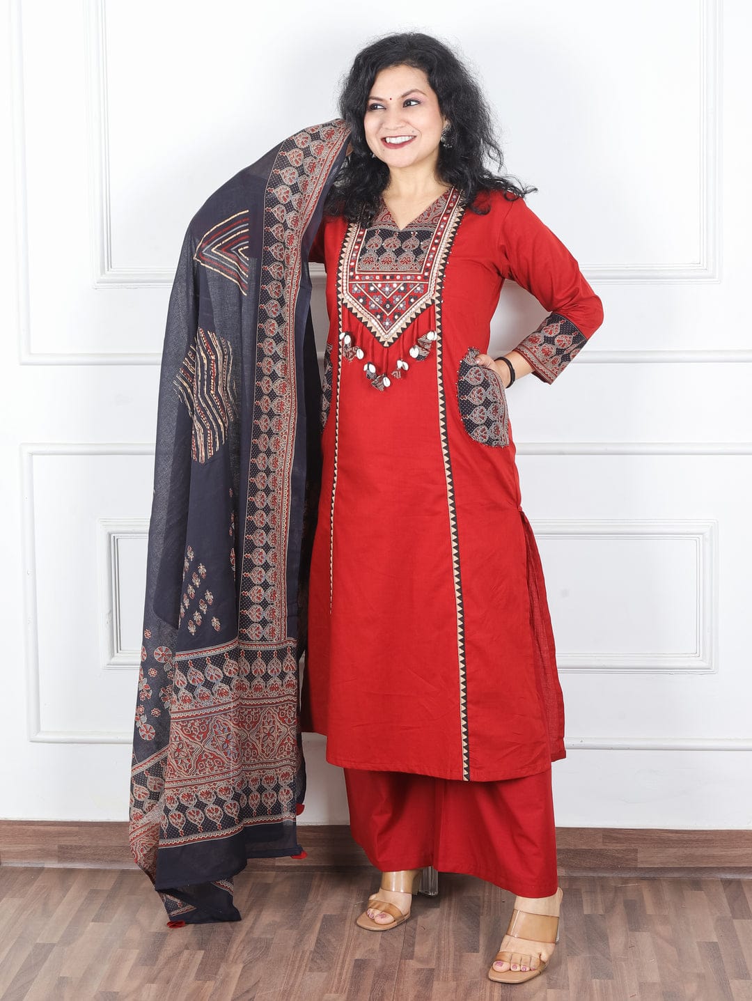 Crimson Red Cotton Silk Kurta Set with Hand-Embroidered Mirror Work & Cowrie Shell Tassels