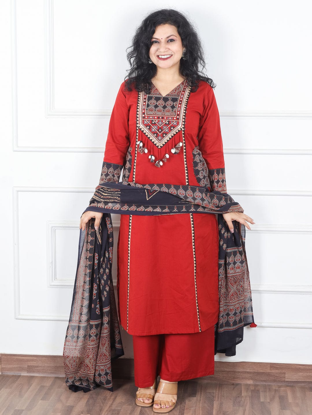 Crimson Red Cotton Silk Kurta Set with Hand-Embroidered Mirror Work & Cowrie Shell Tassels