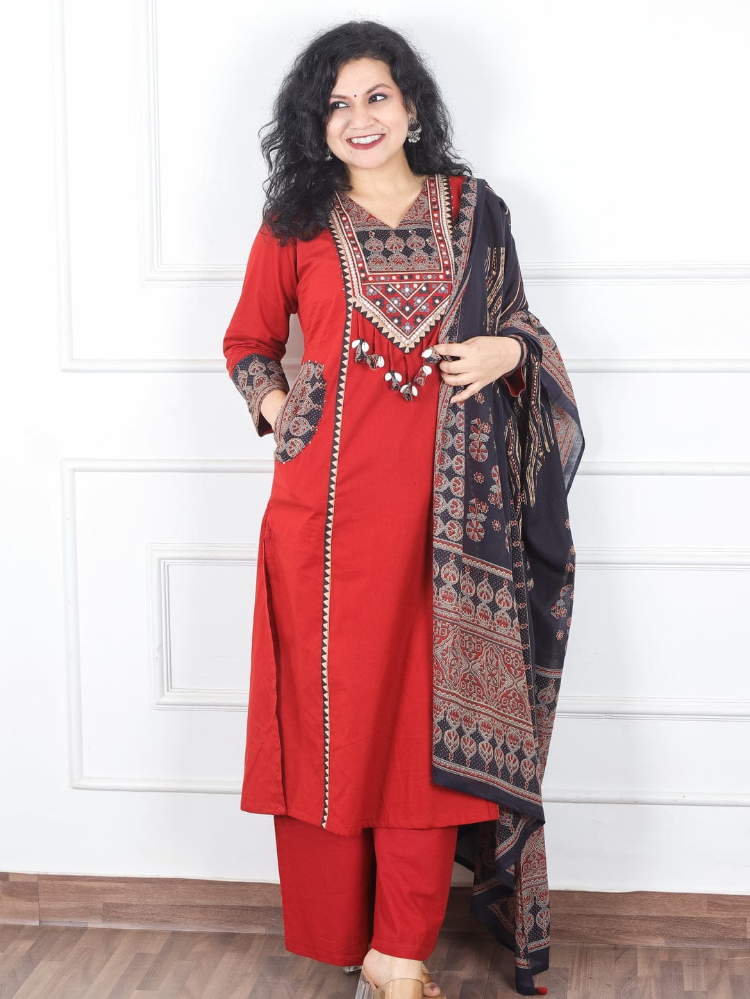 Crimson Red Cotton Silk Kurta Set with Hand-Embroidered Mirror Work & Cowrie Shell Tassels