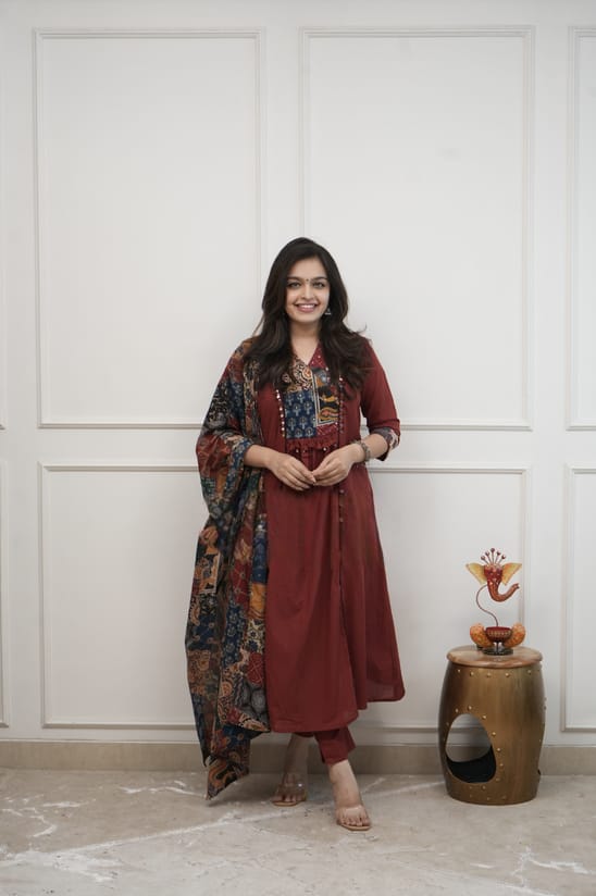 Women’s Cotton A-line Kurta Pant Set with Patchwork Yoke & Mul Cotton Dupatta