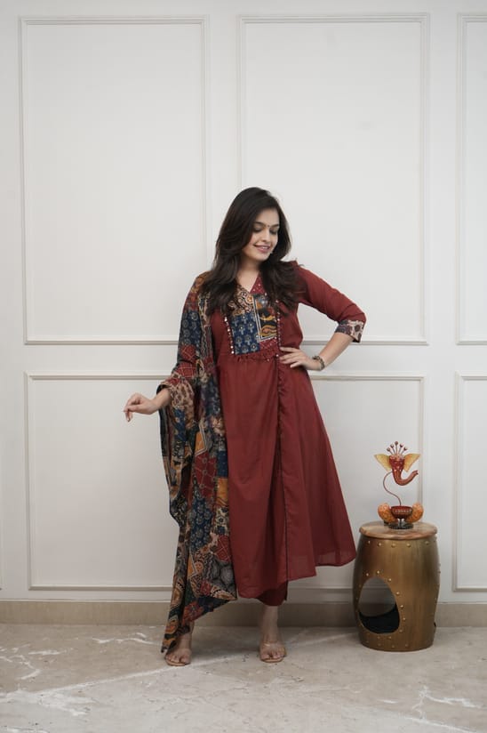Women’s Cotton A-line Kurta Pant Set with Patchwork Yoke & Mul Cotton Dupatta