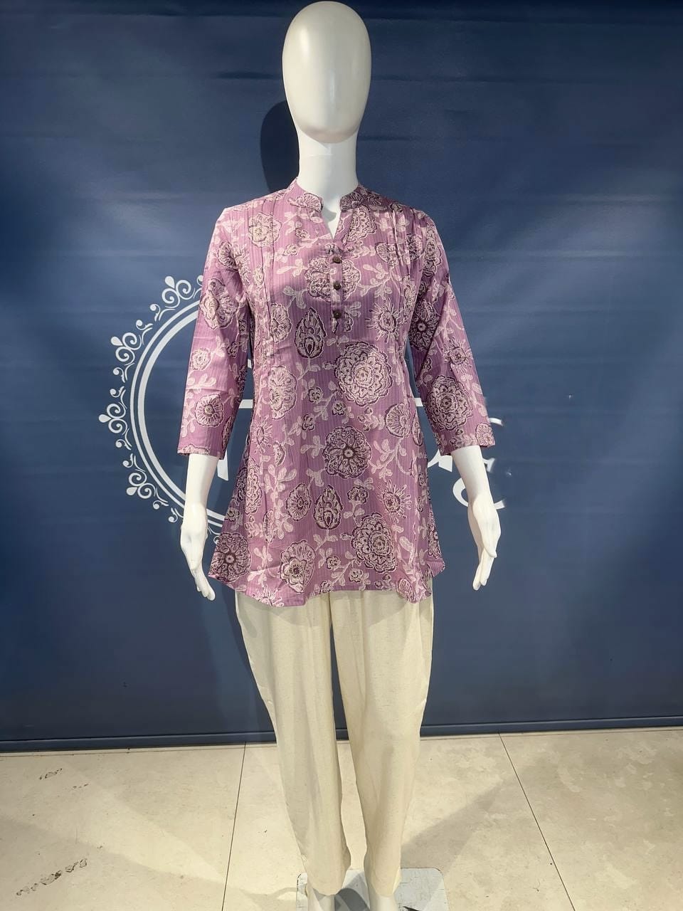 Lavender Bloom Printed Kurti with Beige Straight Pants Set