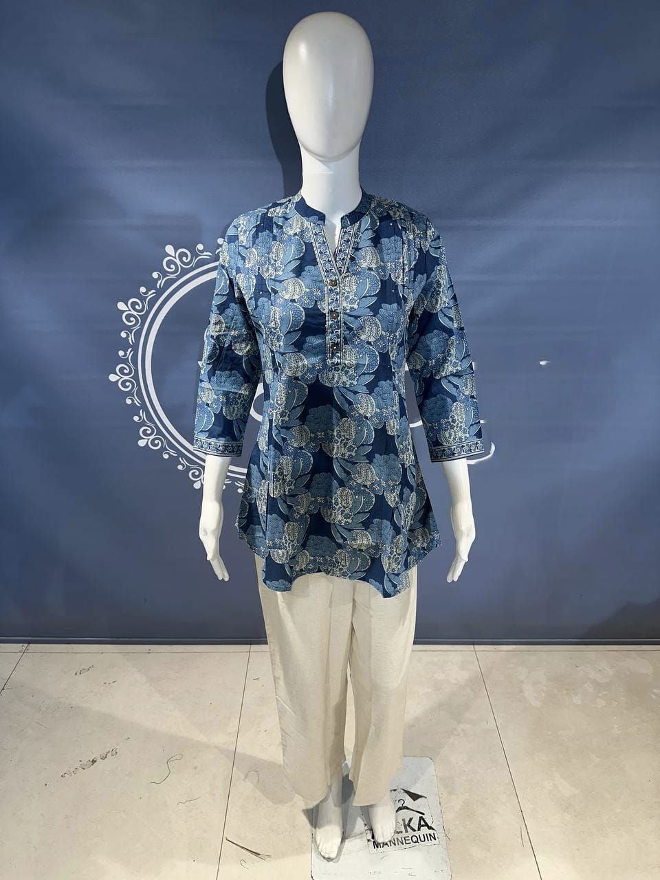 Teal Blue Floral Printed Short Kurti with Beige Pants