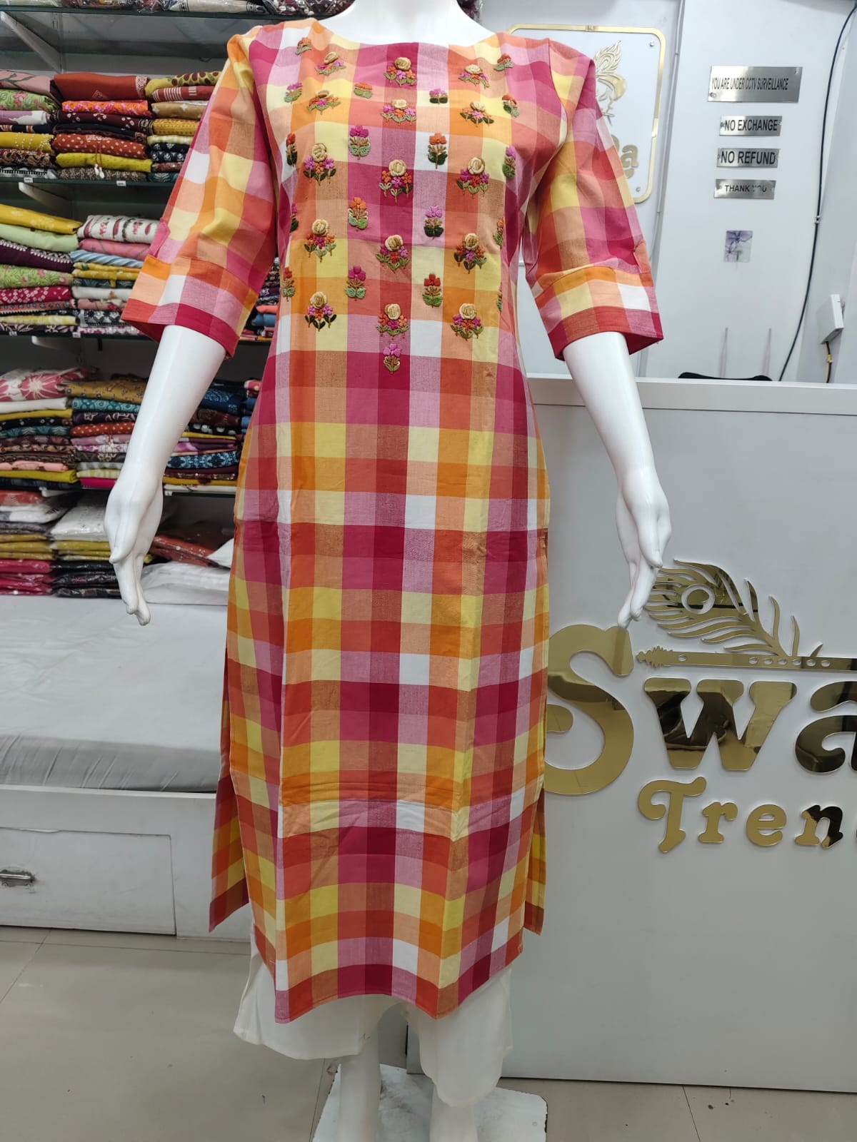 Multicolor Checkered Cotton Kurta with Floral hand Embroidery (Only Kurti)